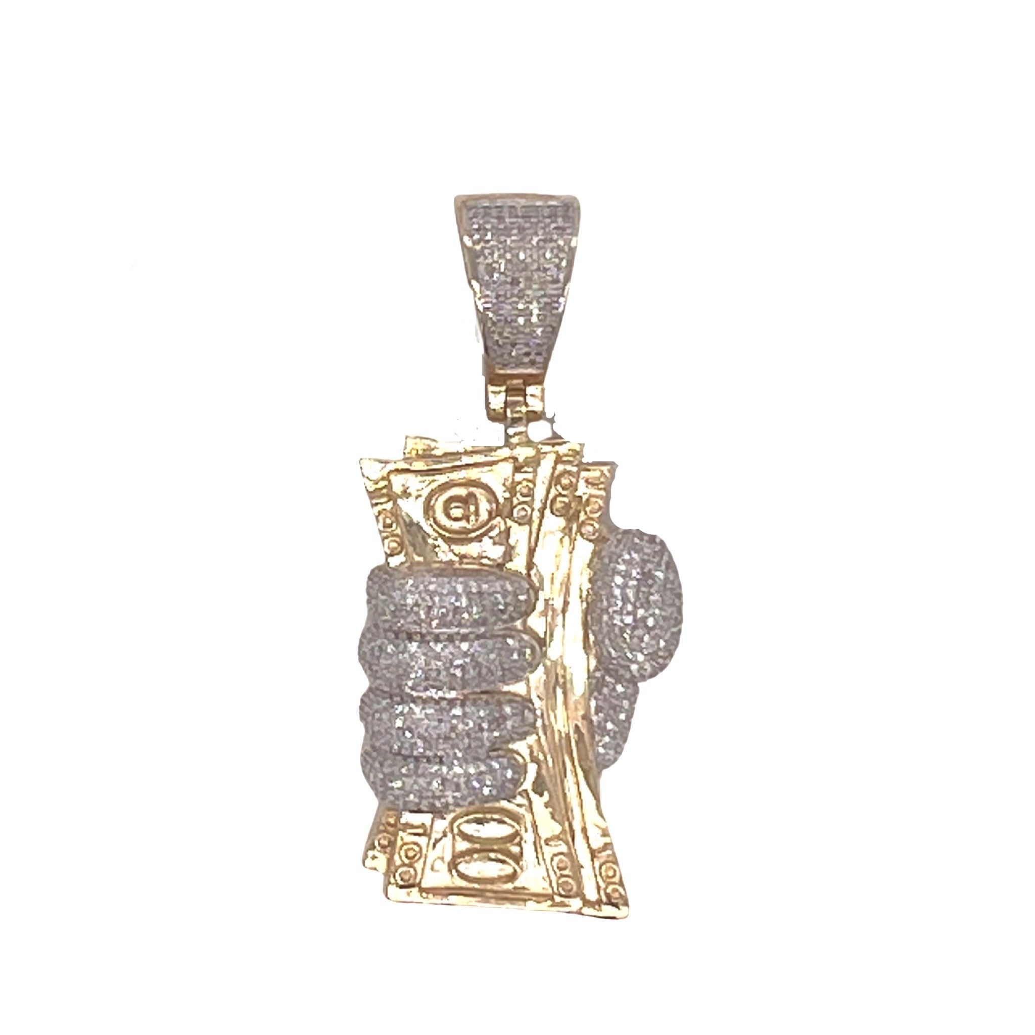 10K Yellow Gold Cash in Hand Diamond Pendant 0.65 CT 1.75"