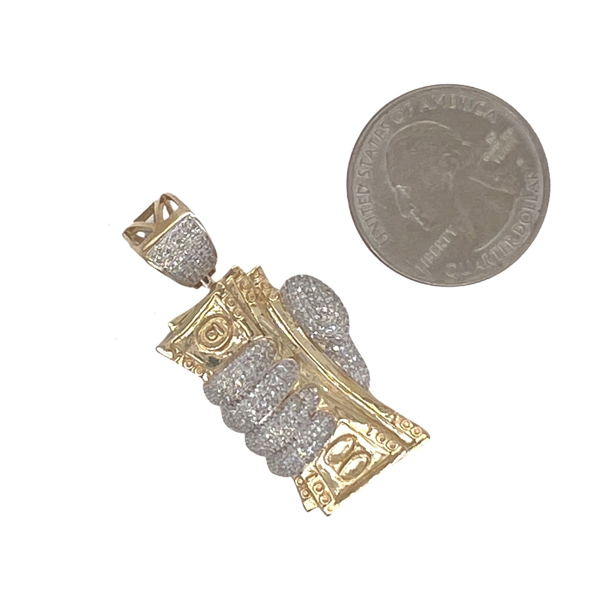 10K Yellow Gold Cash in Hand Diamond Pendant 0.65 CT 1.75"