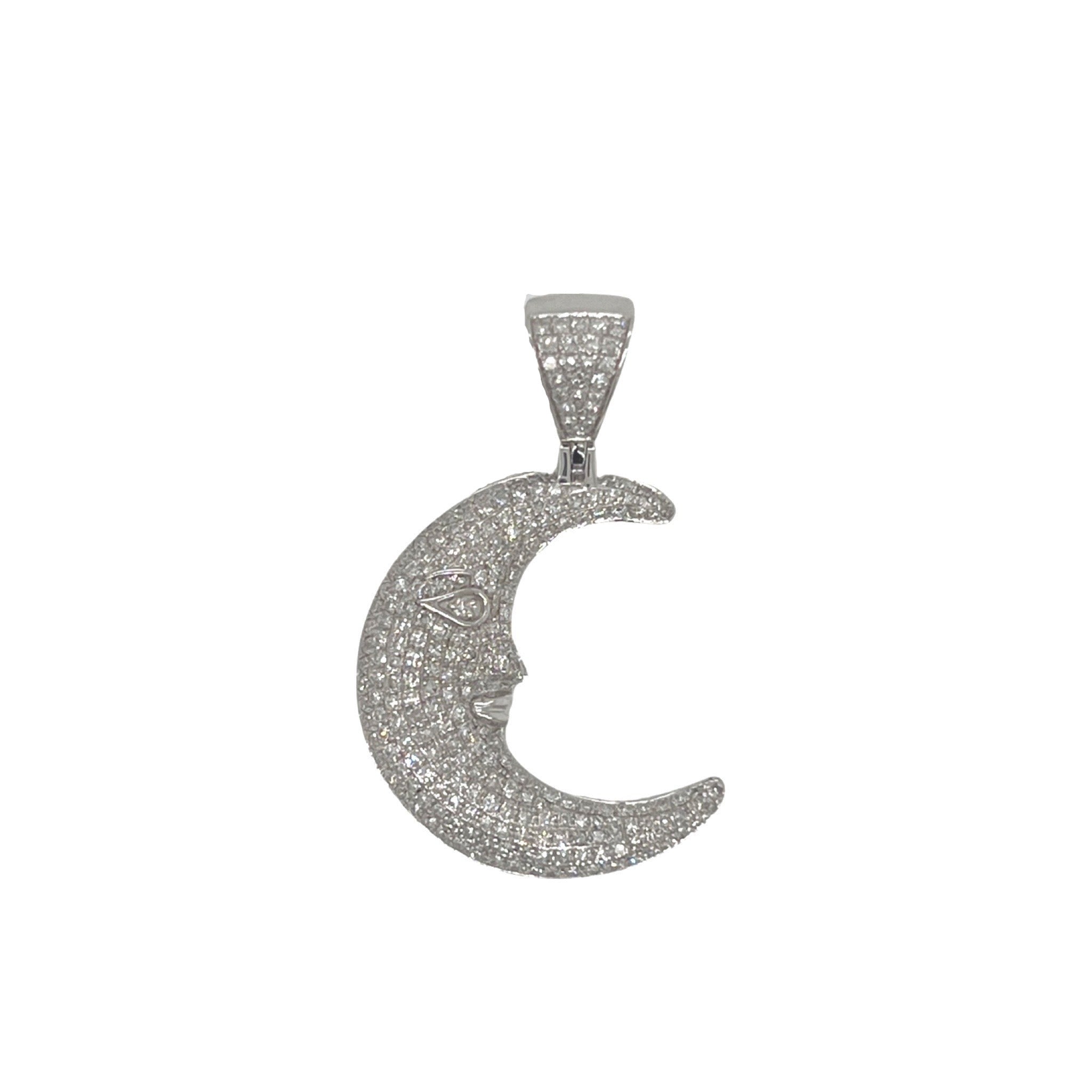 14K White Gold Crescent Moon Face Emoji Diamond Pendant 1.04 CT 1.4"