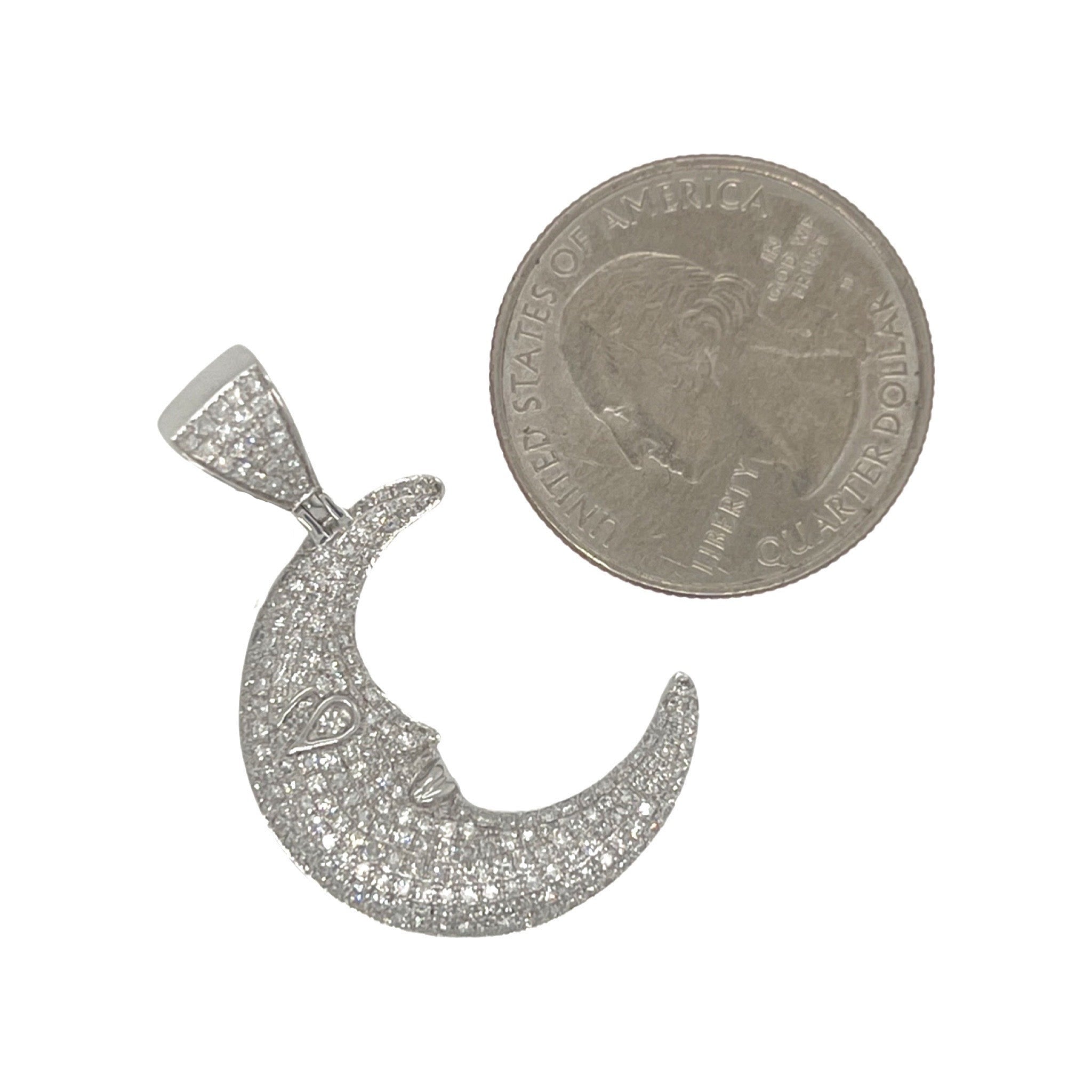 14K White Gold Crescent Moon Face Emoji Diamond Pendant 1.04 CT 1.4"