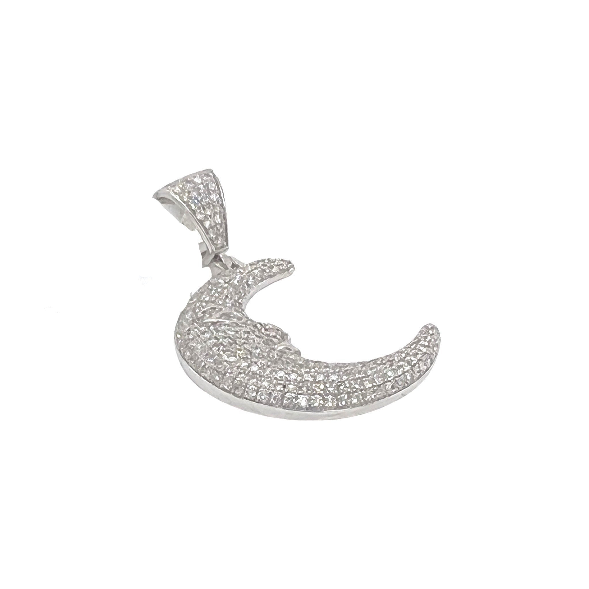 14K White Gold Crescent Moon Face Emoji Diamond Pendant 1.04 CT 1.4"