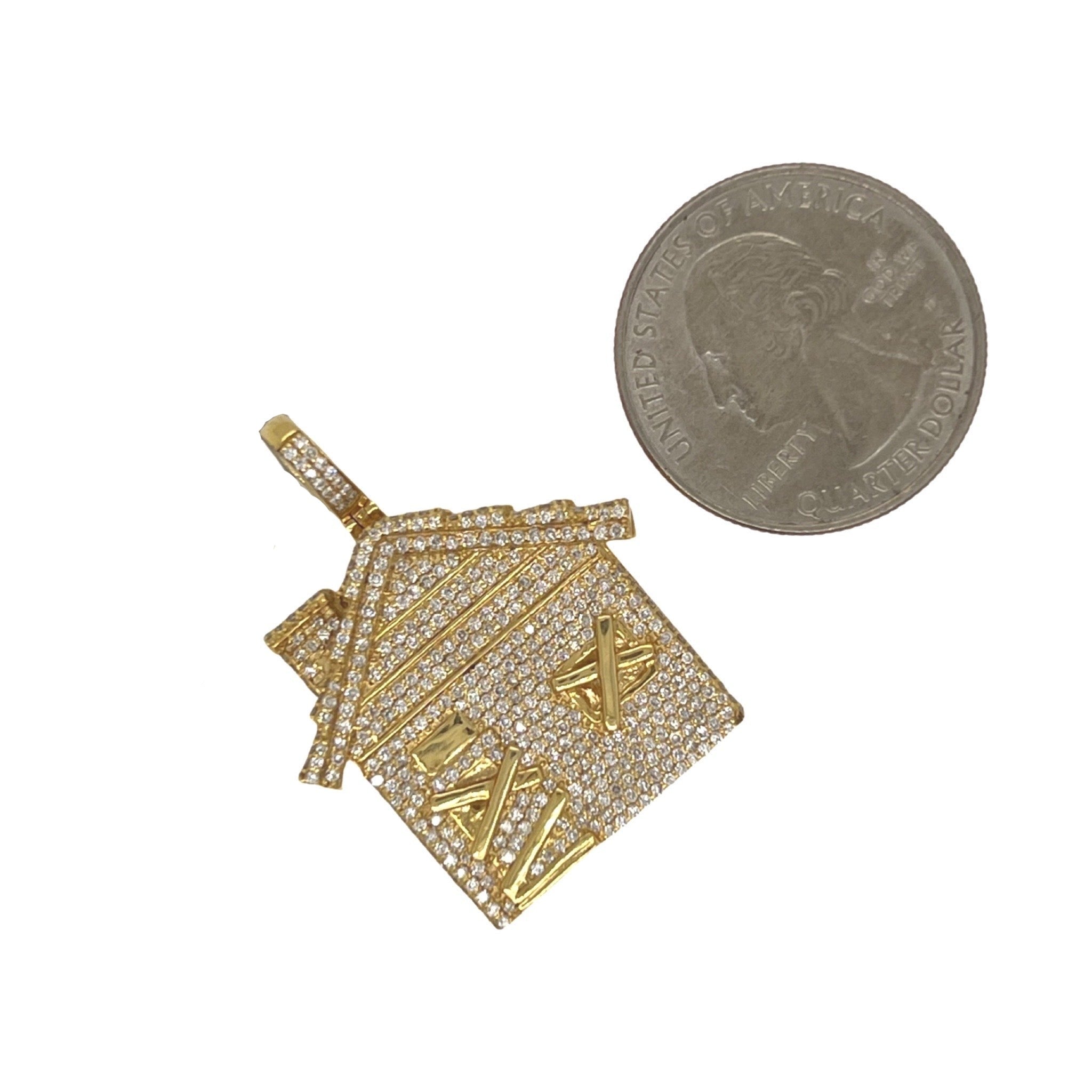 10K Yellow Gold 3D Trap House Diamond Pendant 1.85 CT 1.35"