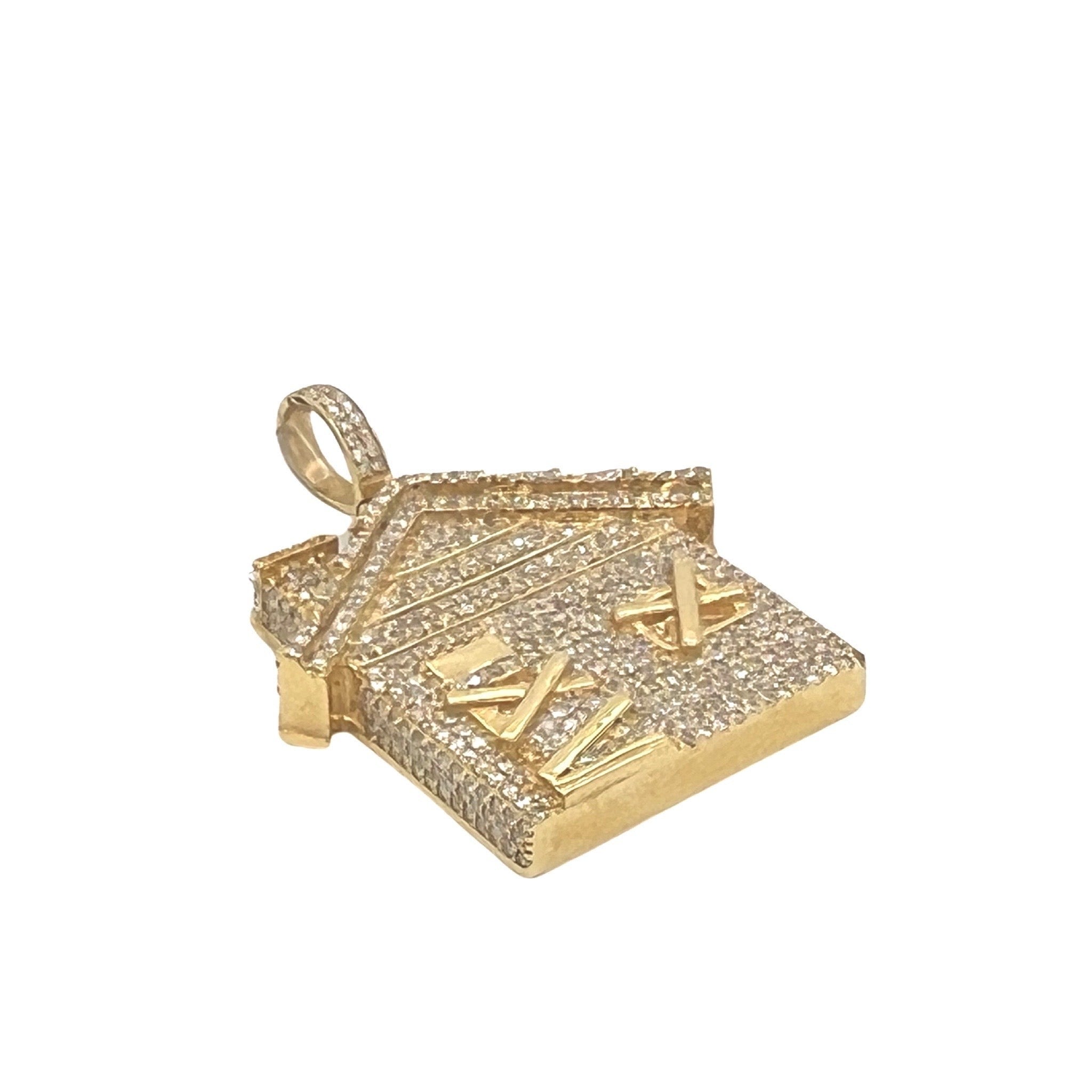 10K Yellow Gold 3D Trap House Diamond Pendant 1.85 CT 1.35"