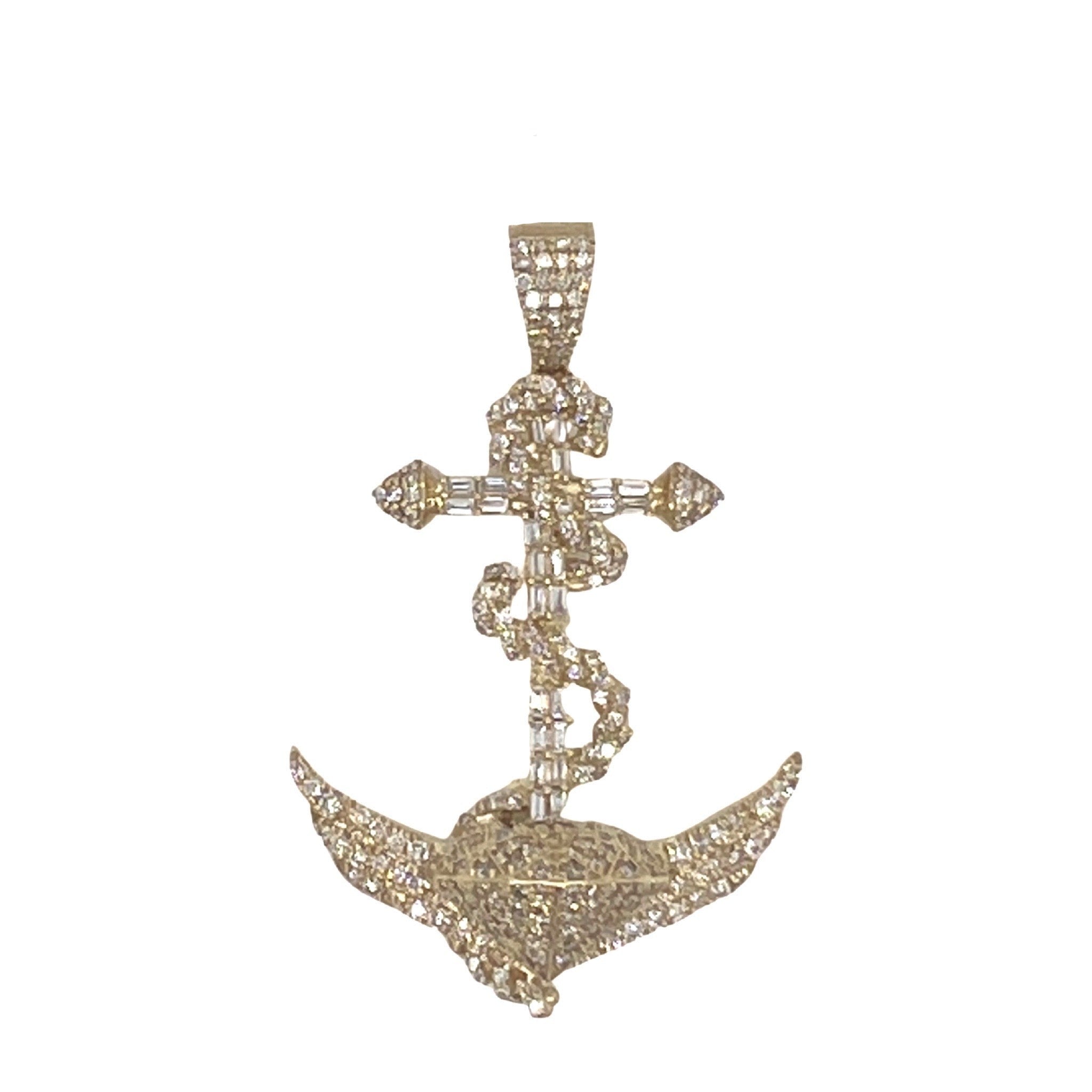 10K Yellow Gold Anchor Baguette Diamond Pendant 1.81 CT 1.9"