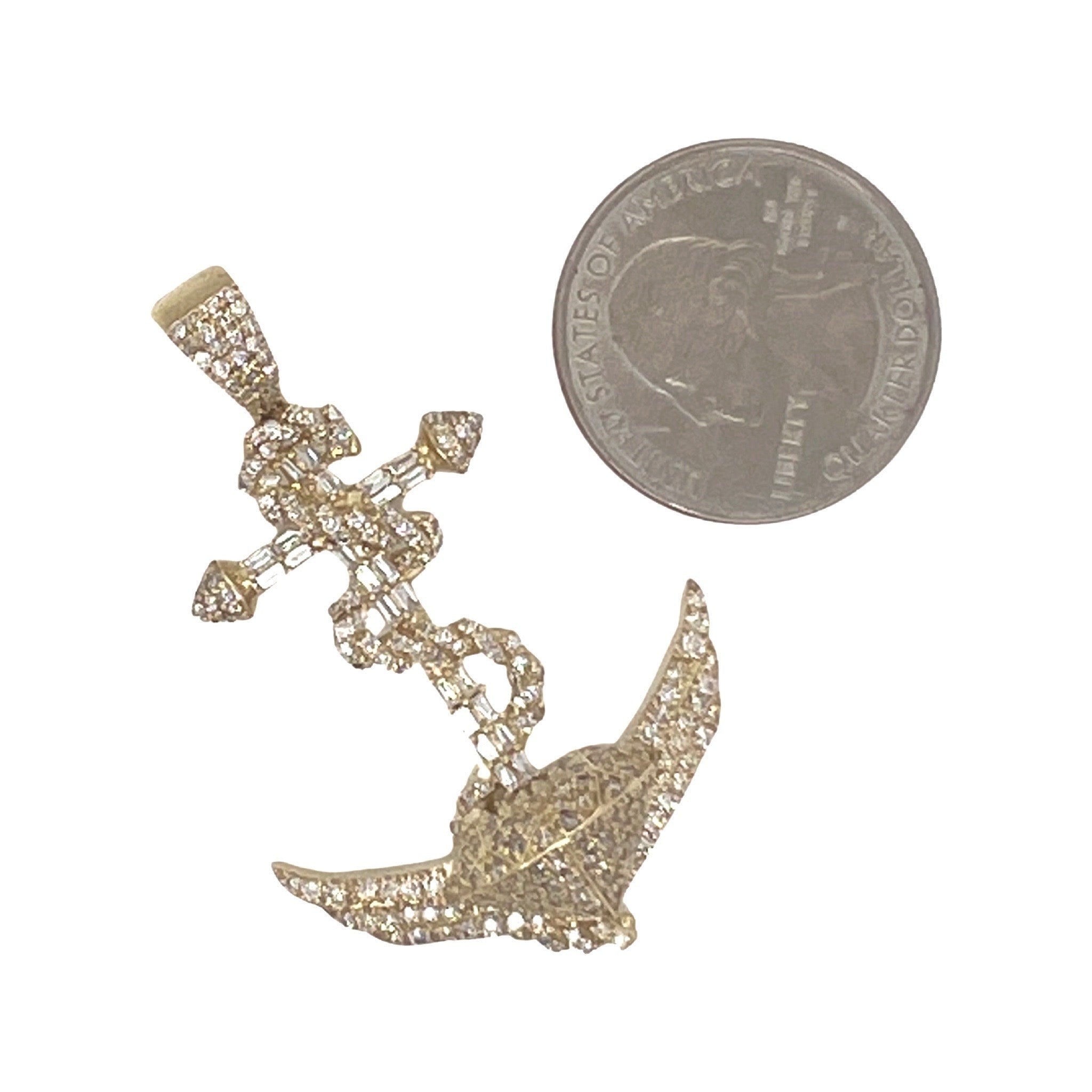 10K Yellow Gold Anchor Baguette Diamond Pendant 1.81 CT 1.9"
