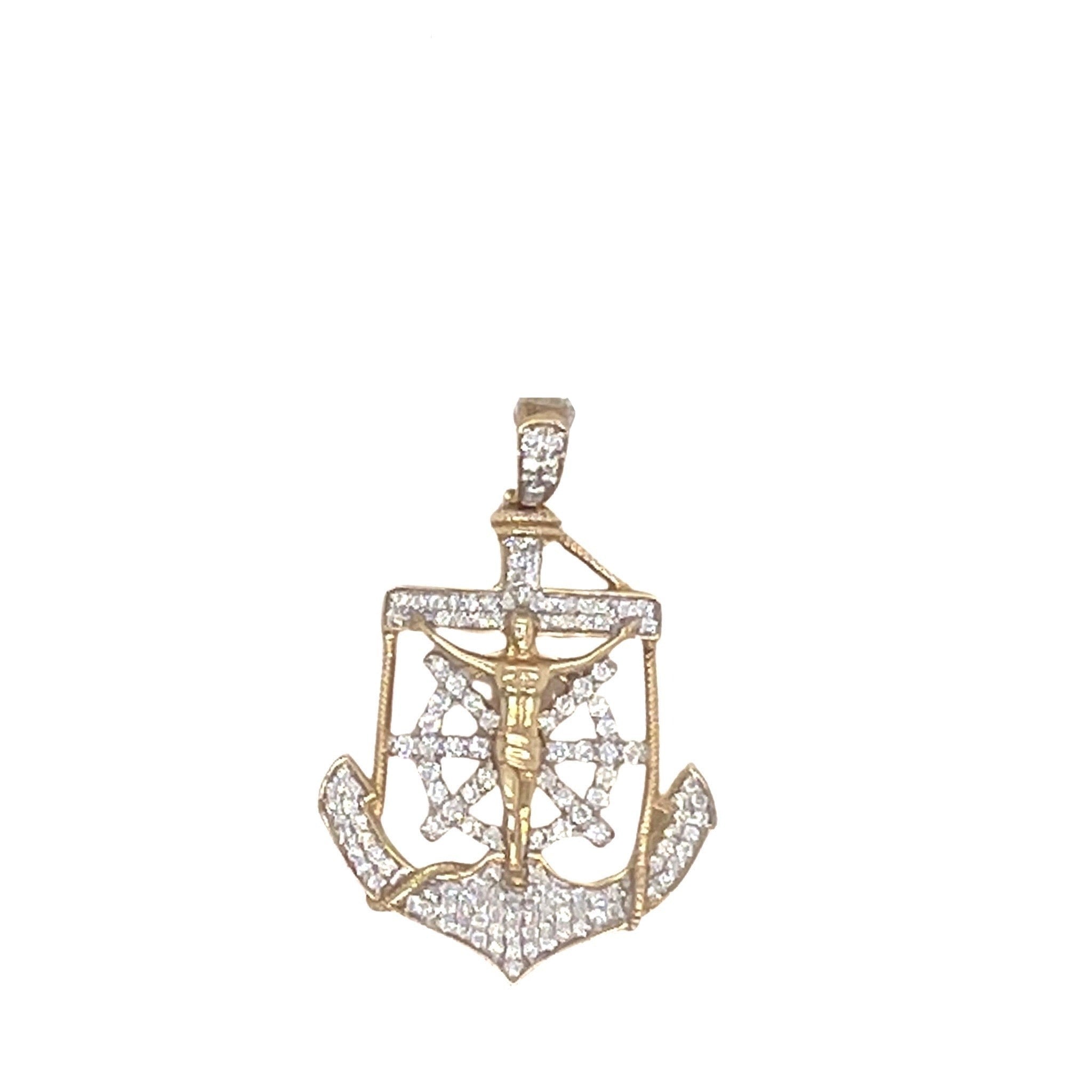 10K Yellow Gold Anchor Crucifix Diamond Pendant 0.75 CT 1.5"