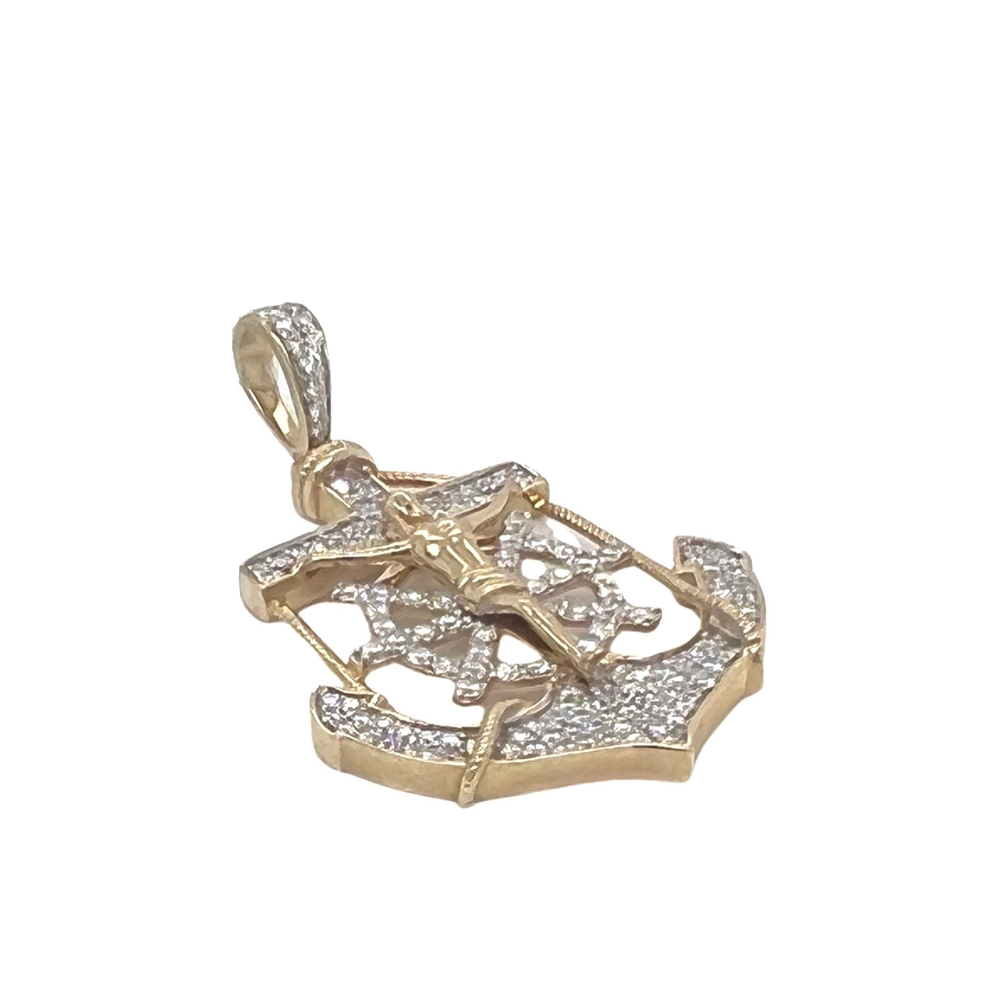 10K Yellow Gold Anchor Crucifix Diamond Pendant 0.75 CT 1.5"