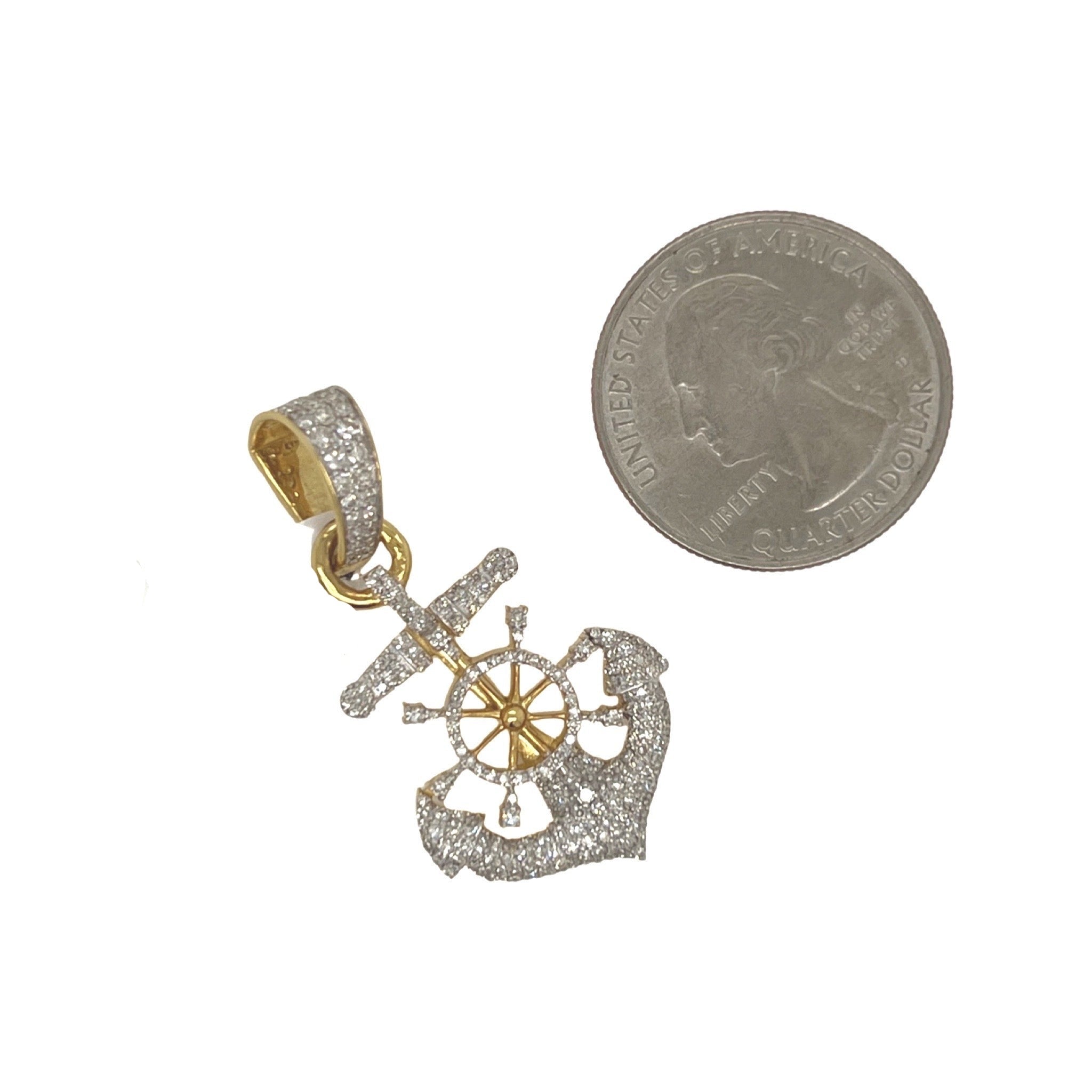 10K Yellow Gold Anchor with Wheel Diamond Pendant 0.88 CT 1.5"