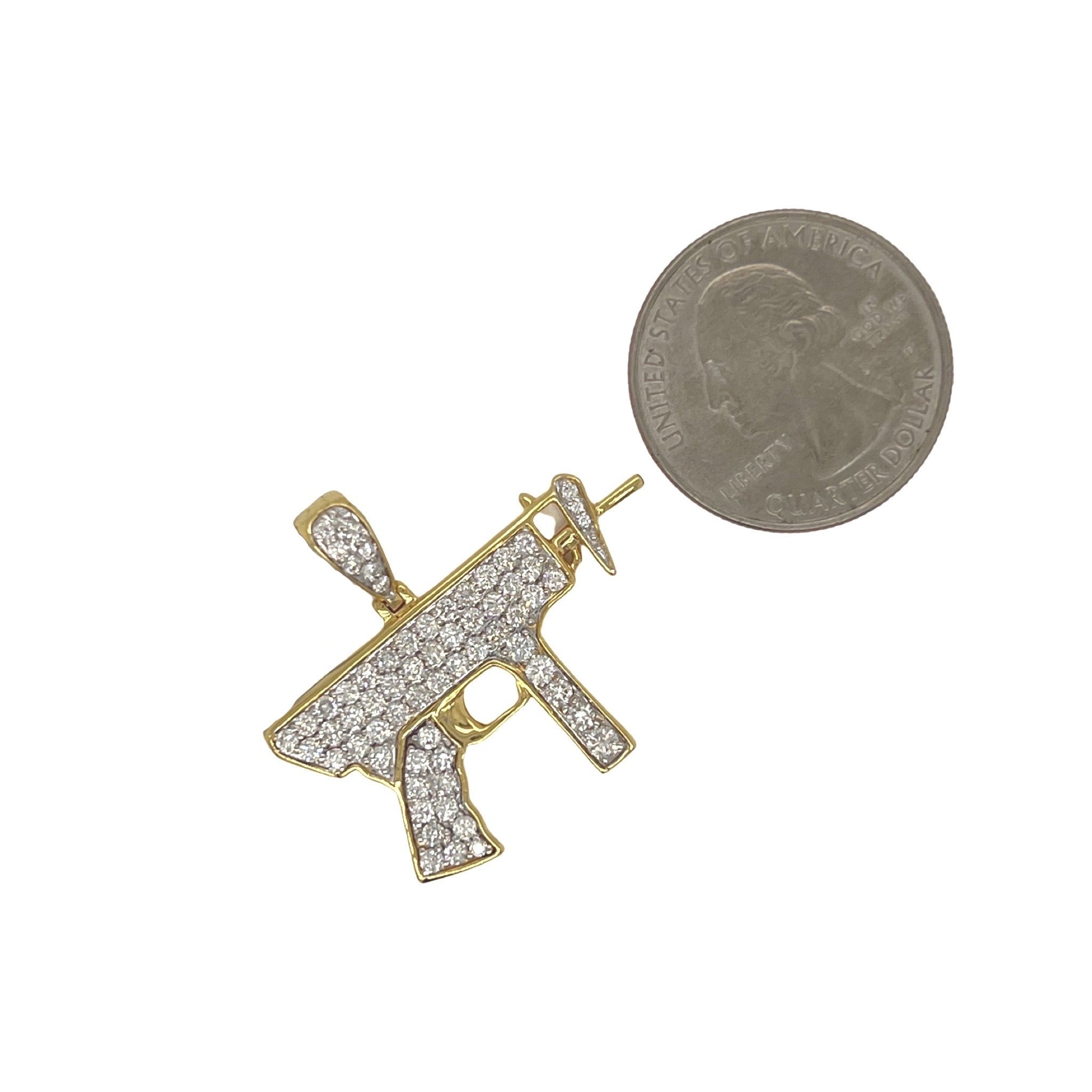 10K Yellow Gold Uzi Gun Diamond Pendant 1.5 CT 1.4"