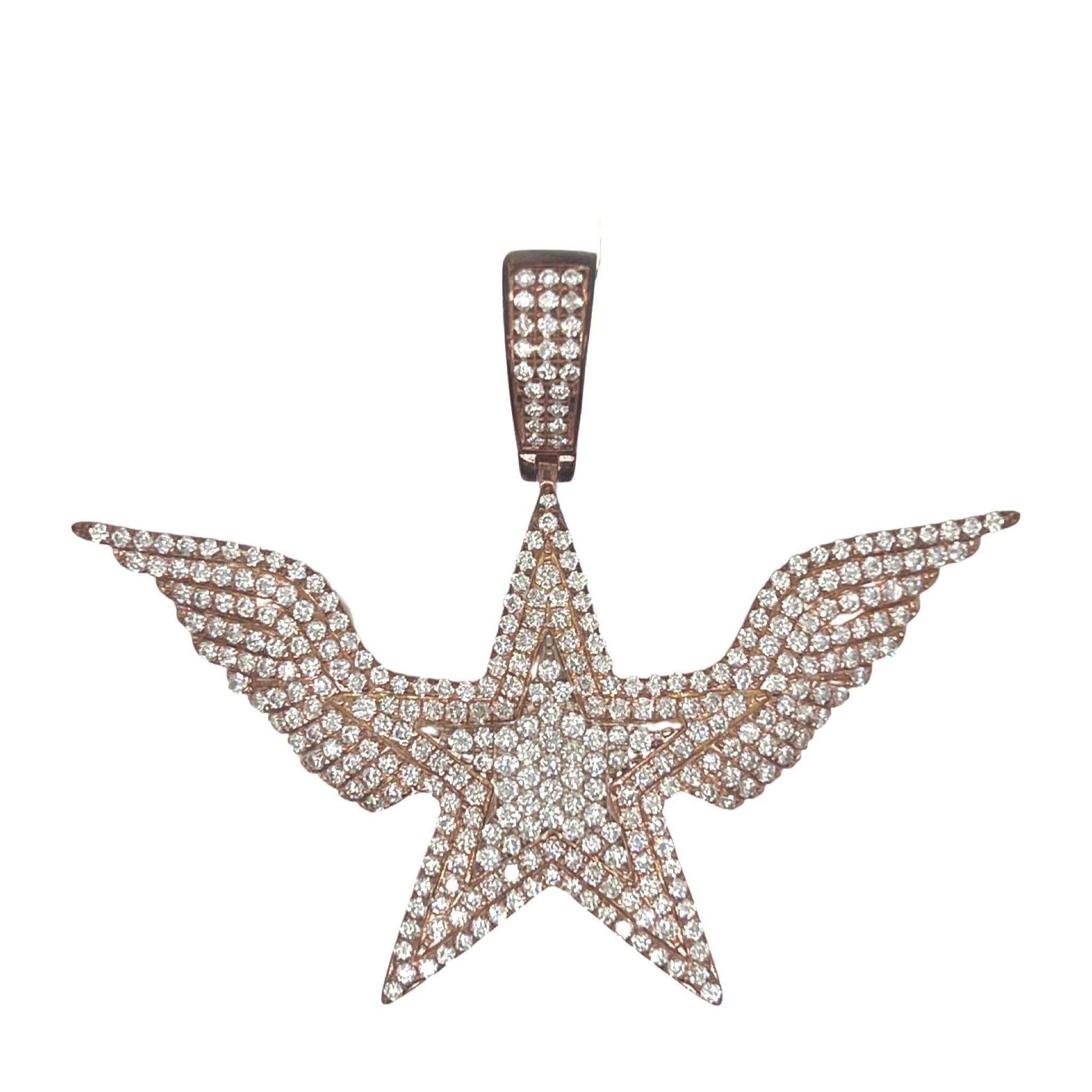 14K Rose Gold 3D Super Star with Wings Diamond Pendant 3.55 CT 1.9"