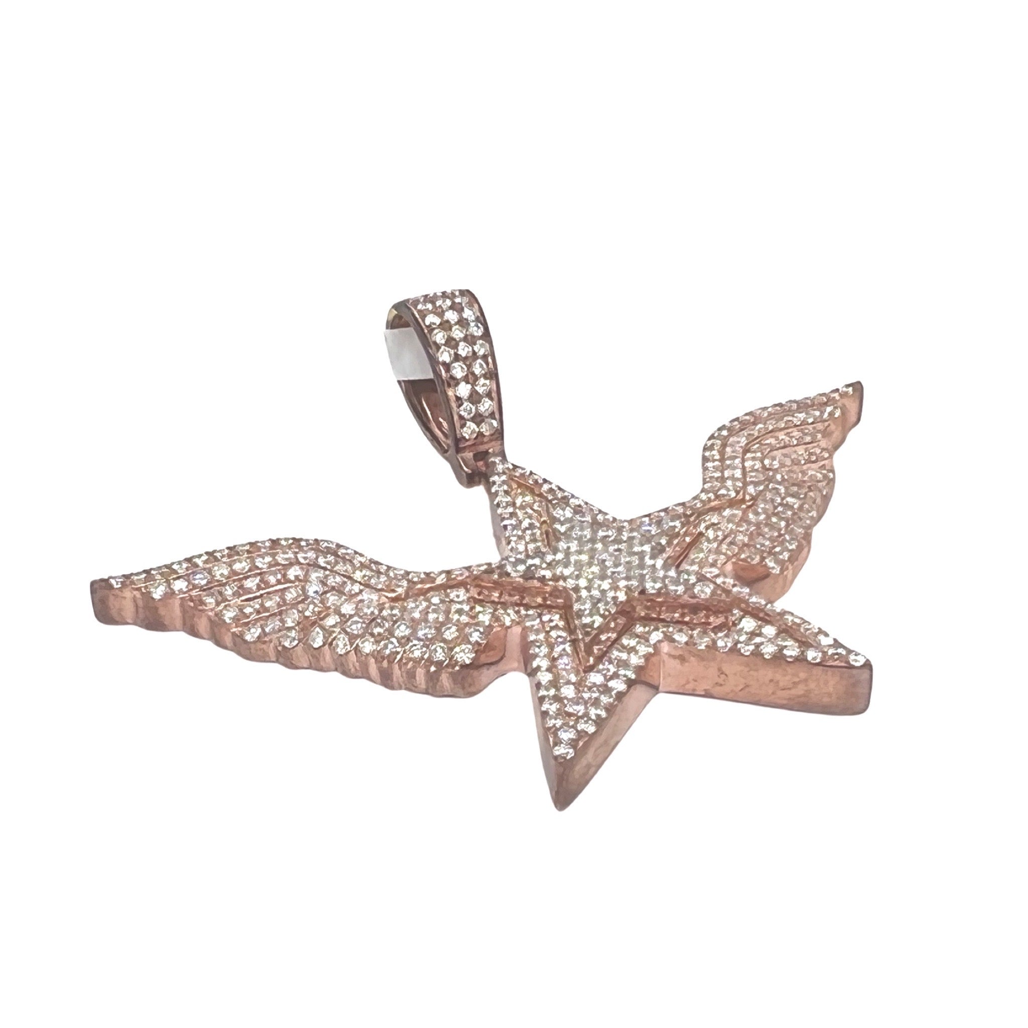 14K Rose Gold 3D Super Star with Wings Diamond Pendant 3.55 CT 1.9"