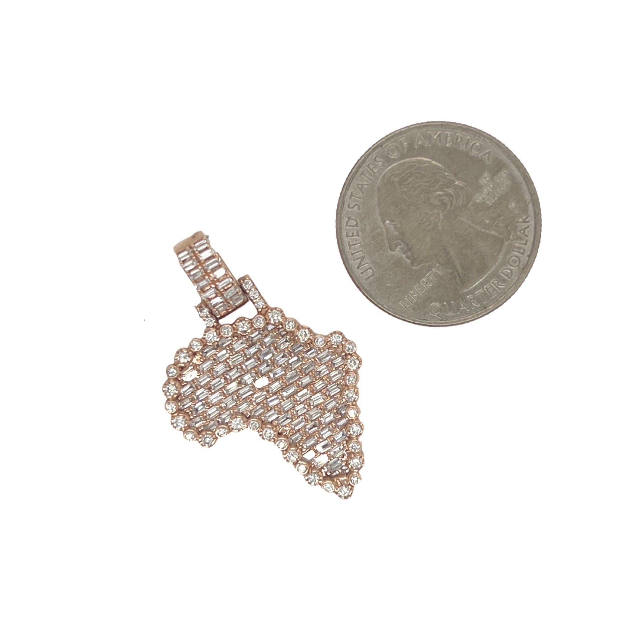 14K Rose Gold Africa Map Emerald VS Diamond Pendant 1.43 CT 1.35"