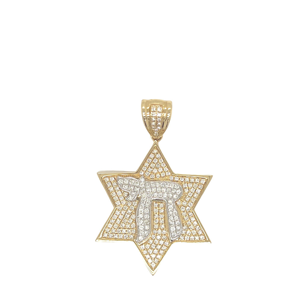 14K Yellow Gold Star of David with Chai Diamond Pendant 0.93 CT 1.65"