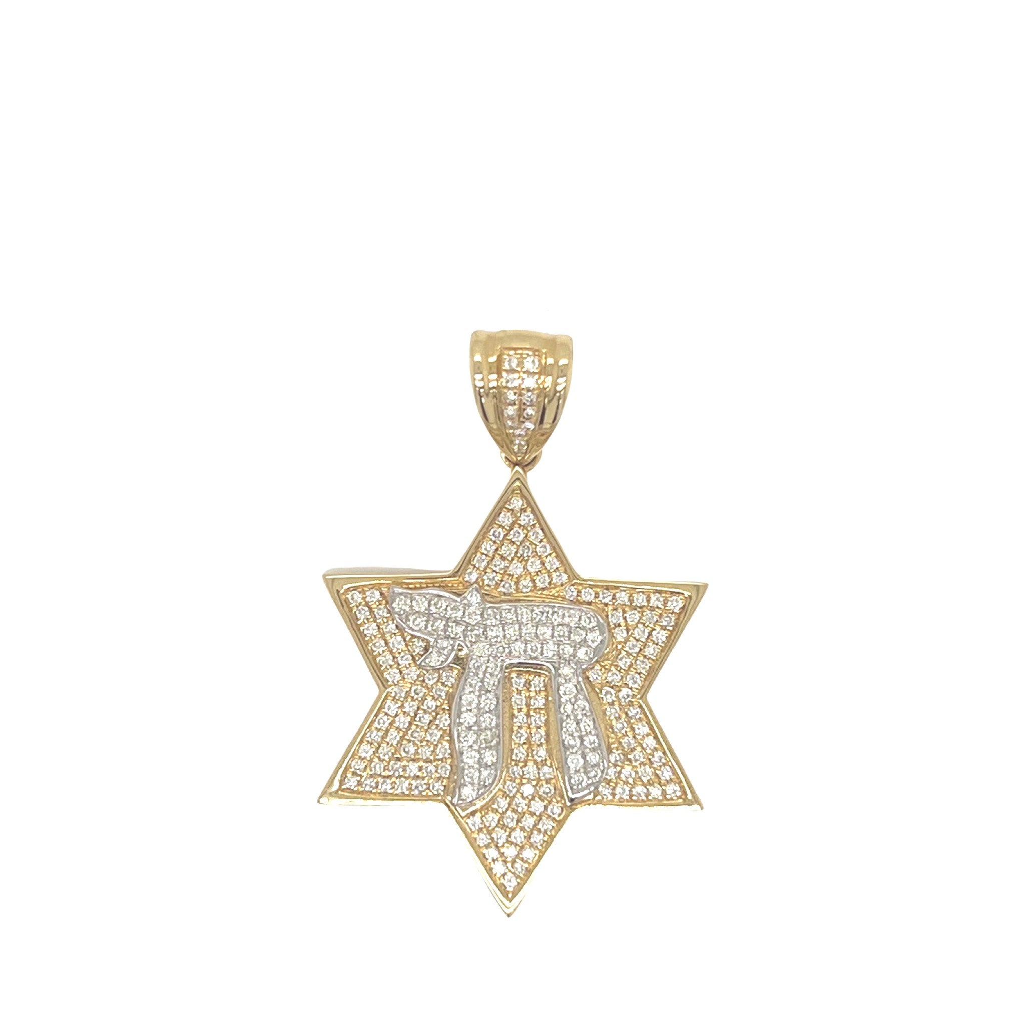 14K Yellow Gold Star of David with Chai Diamond Pendant 0.93 CT 1.65"