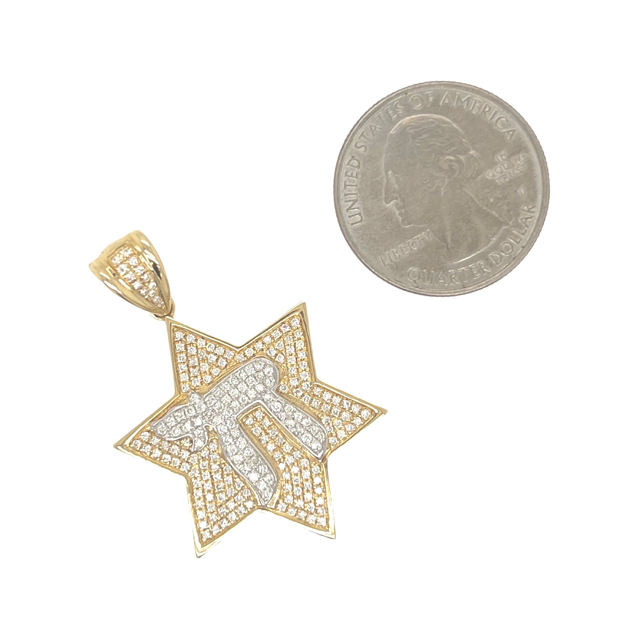 14K Yellow Gold Star of David with Chai Diamond Pendant 0.93 CT 1.65"