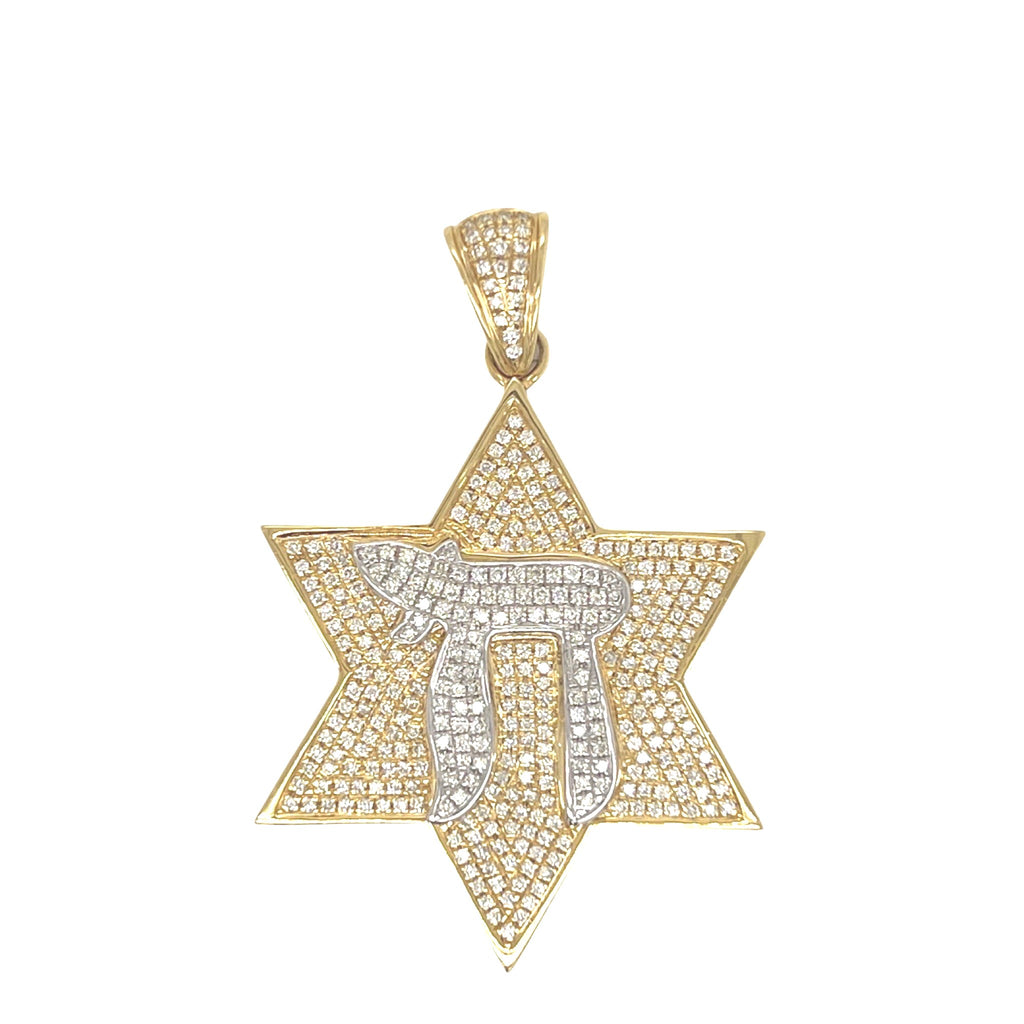 14K Yellow Gold Star of David with Chai Diamond Pendant 1.53 CT 2"
