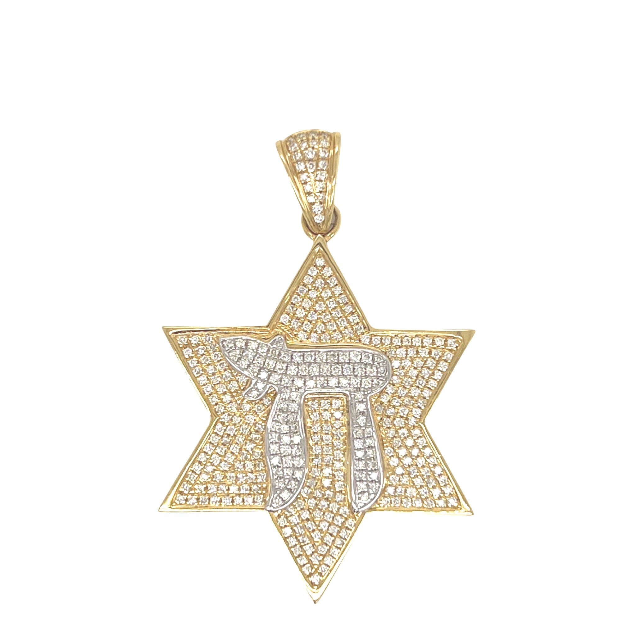 14K Yellow Gold Star of David with Chai Diamond Pendant 1.53 CT 2"
