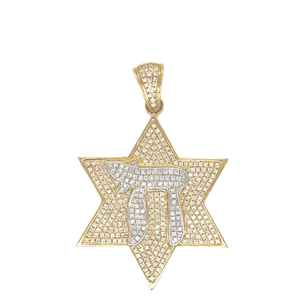 14K Yellow Gold Star of David with Chai Diamond Pendant 1.53 CT 2