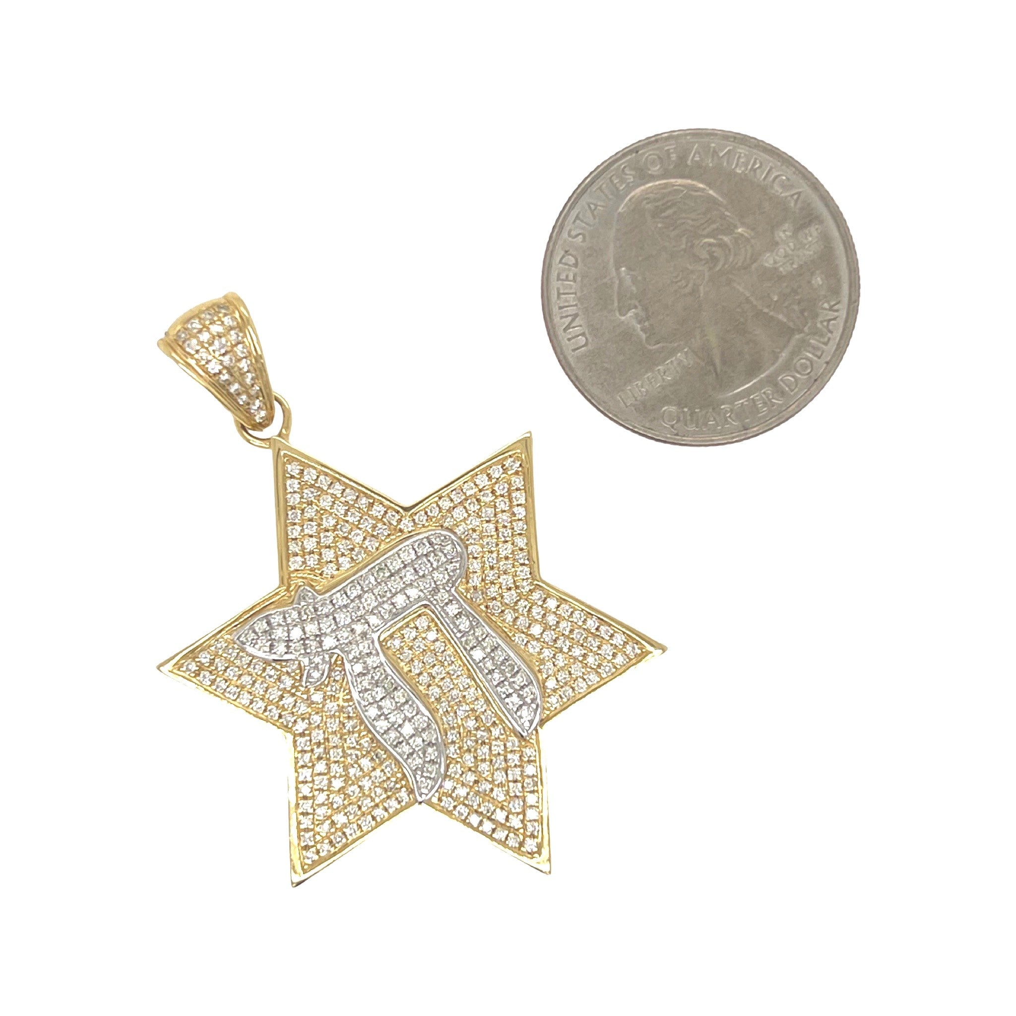 14K Yellow Gold Star of David with Chai Diamond Pendant 1.53 CT 2"
