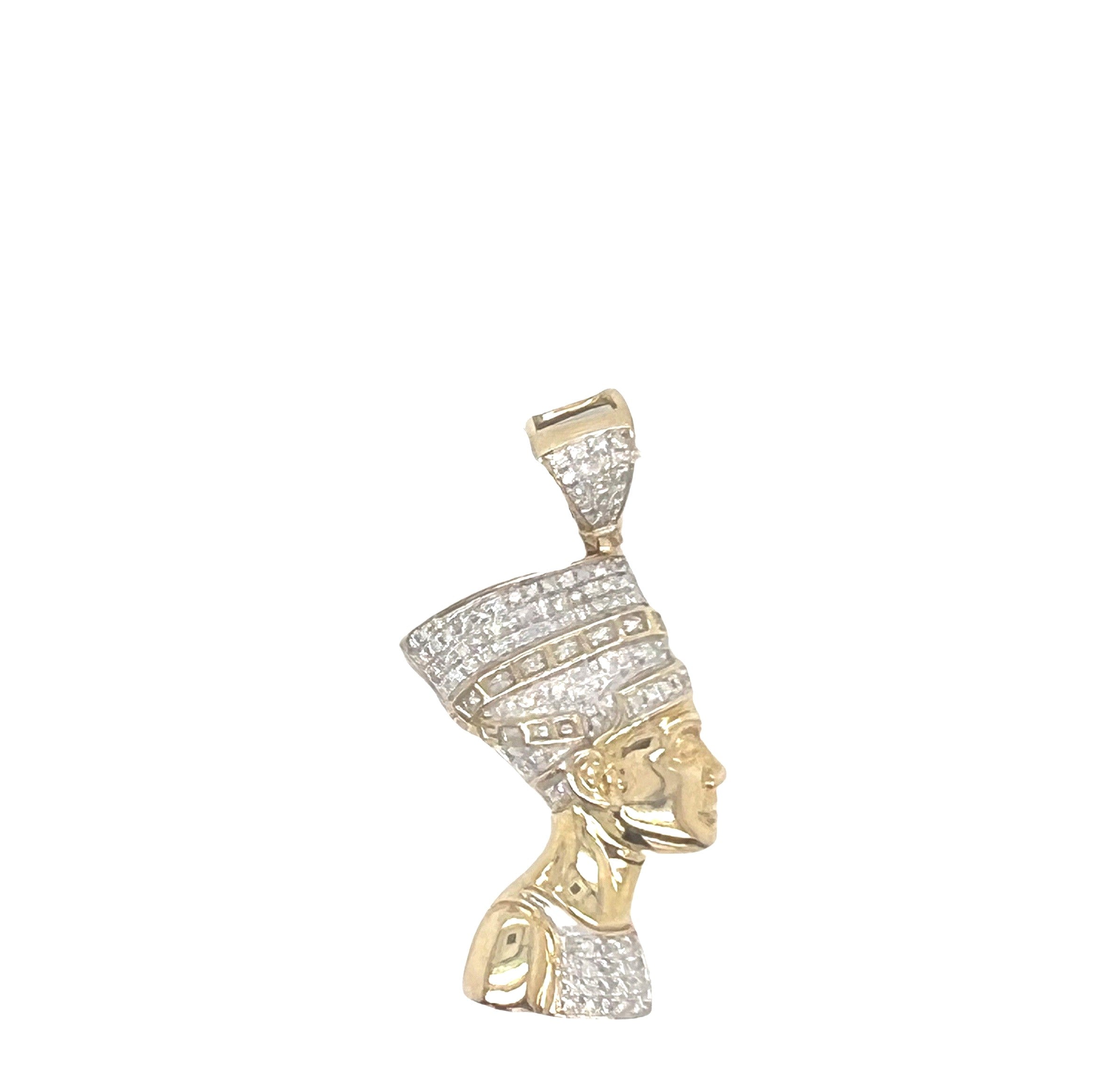 10K Yellow Gold Egyptian Nefertiti Diamond Pendant 0.50 CT 1.65"