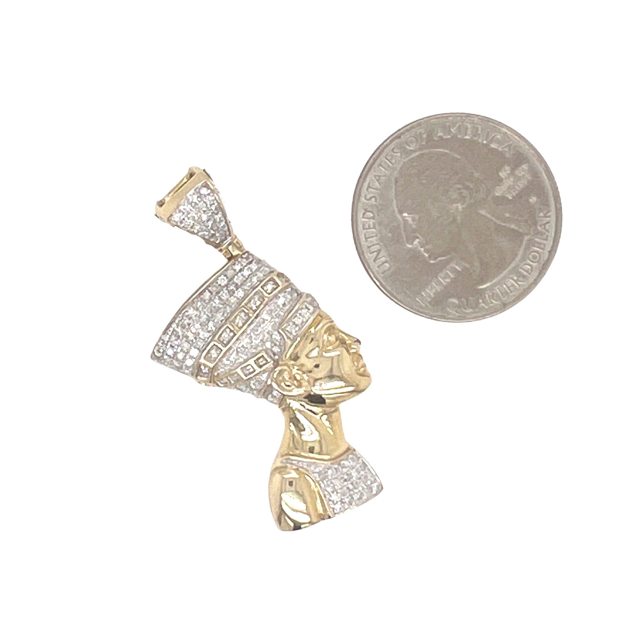 10K Yellow Gold Egyptian Nefertiti Diamond Pendant 0.50 CT 1.65"