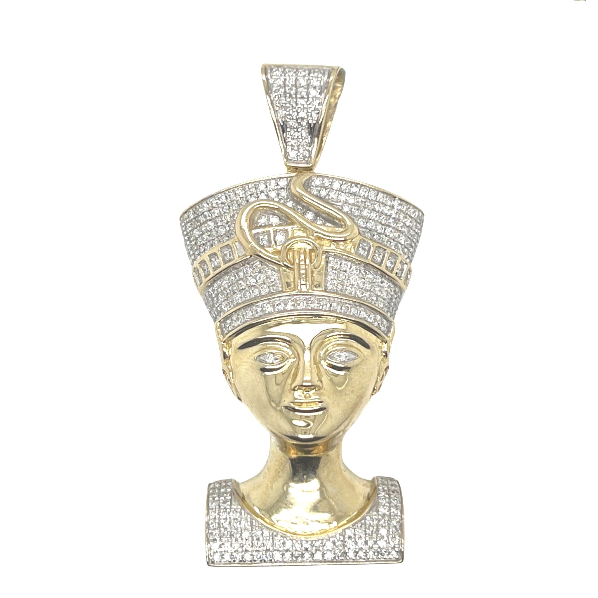 10K Yellow Gold Egyptian Nefertiti Diamond Pendant 1.5 CT 2.2"