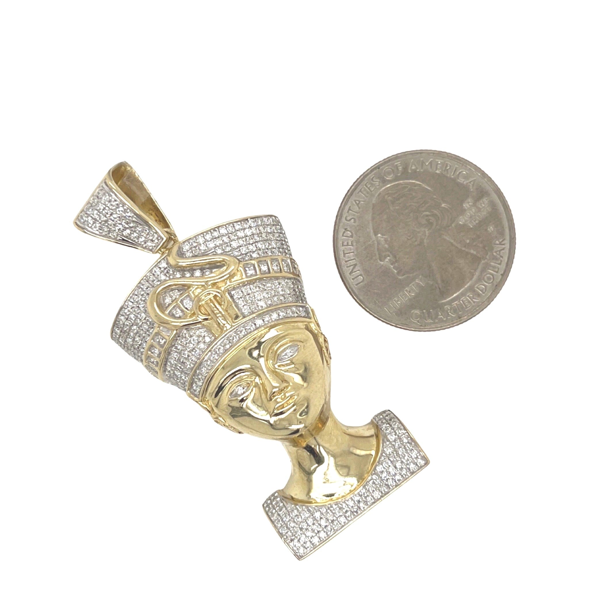 10K Yellow Gold Egyptian Nefertiti Diamond Pendant 1.5 CT 2.2"