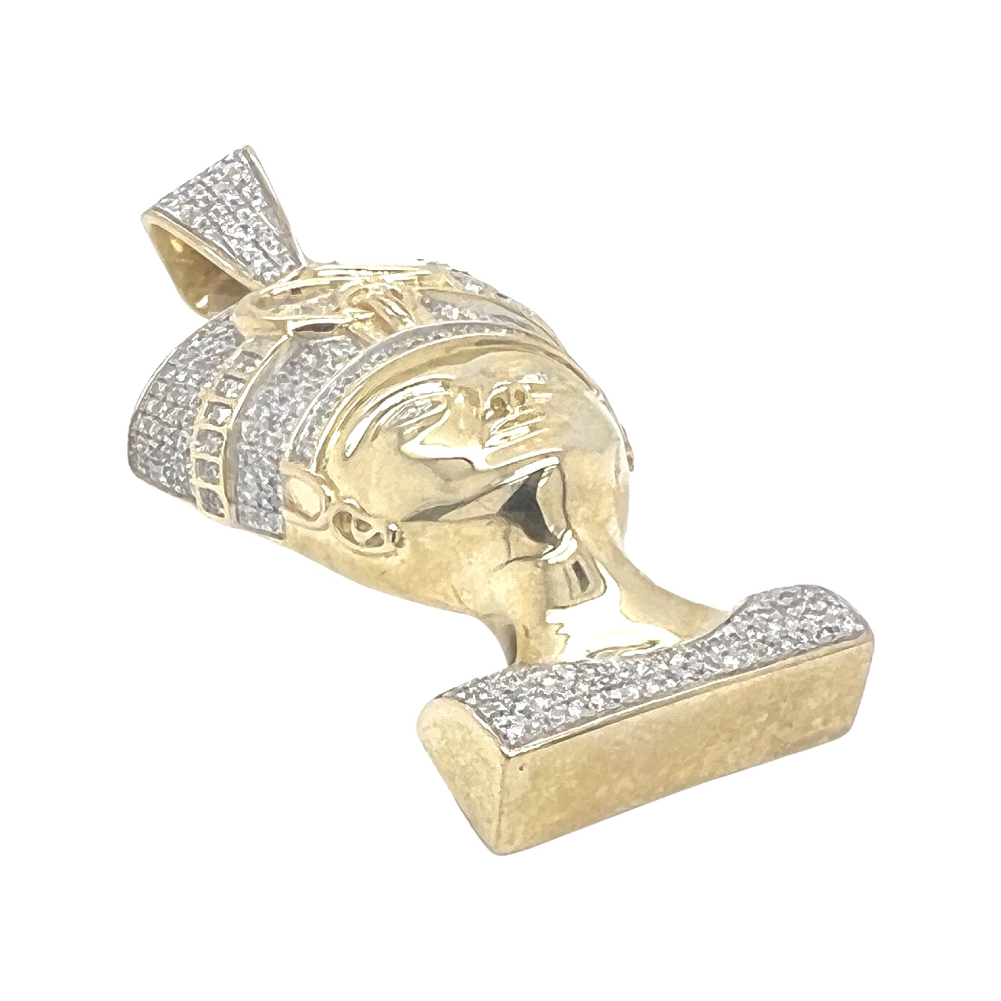 10K Yellow Gold Egyptian Nefertiti Diamond Pendant 1.5 CT 2.2"