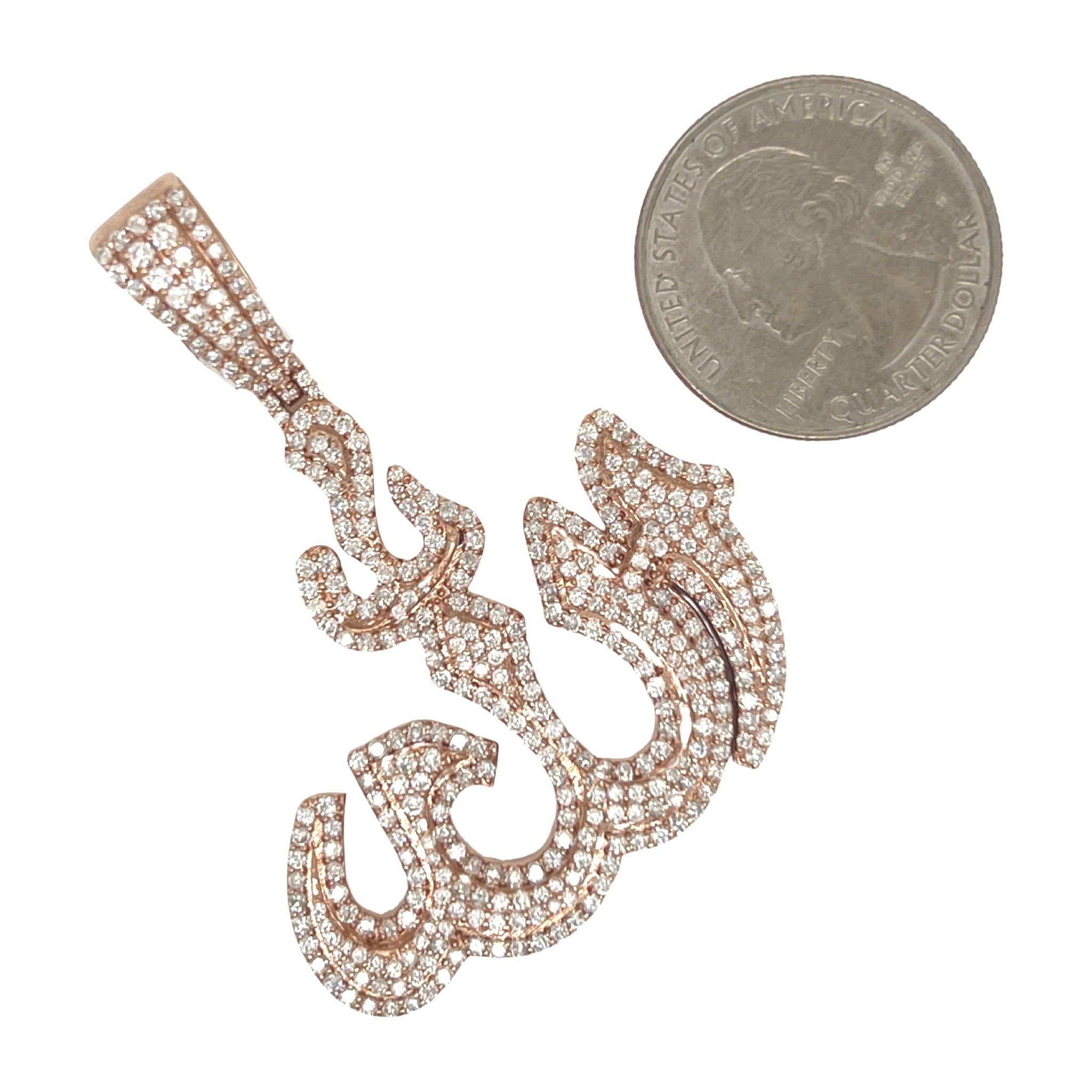 10K Rose Gold Muslim Arabic Allah Diamond Pendant 3.07 CT 2.15"