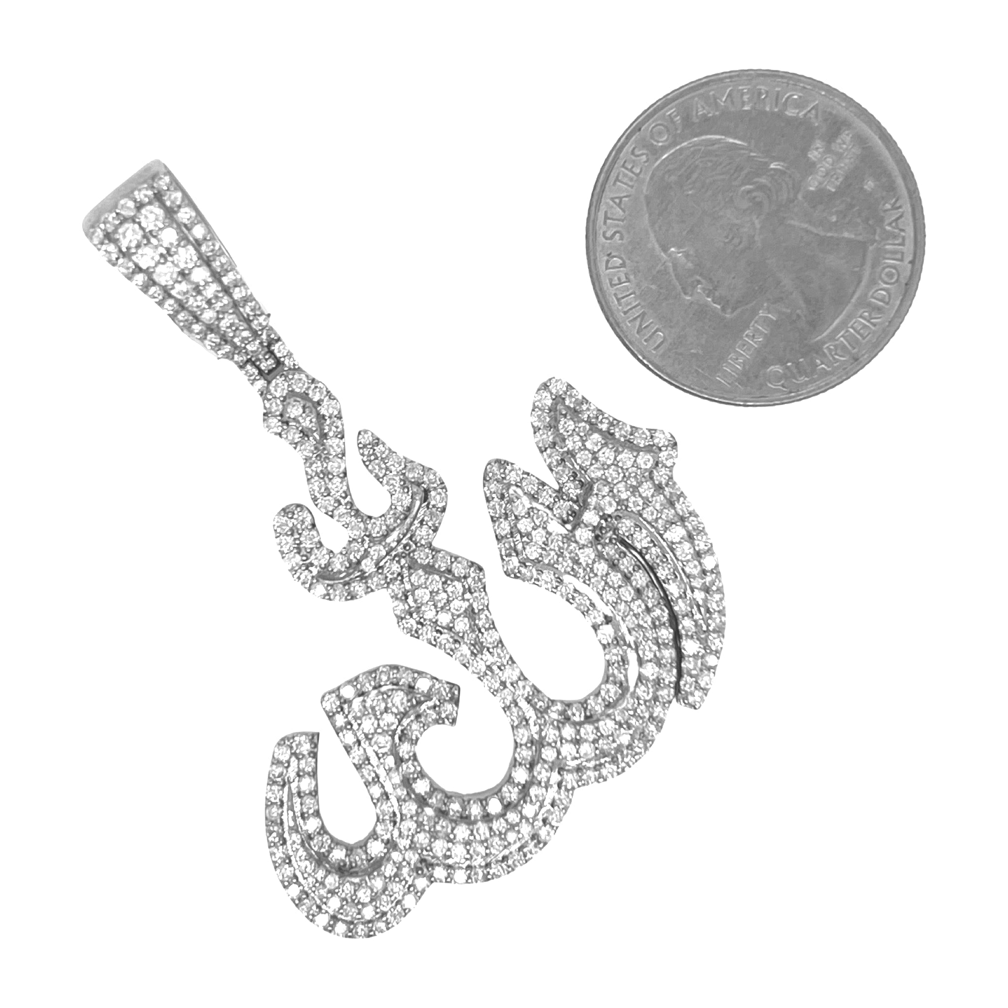 10K White Gold Muslim Arabic Allah Diamond Pendant 3.07 CT 2.15"