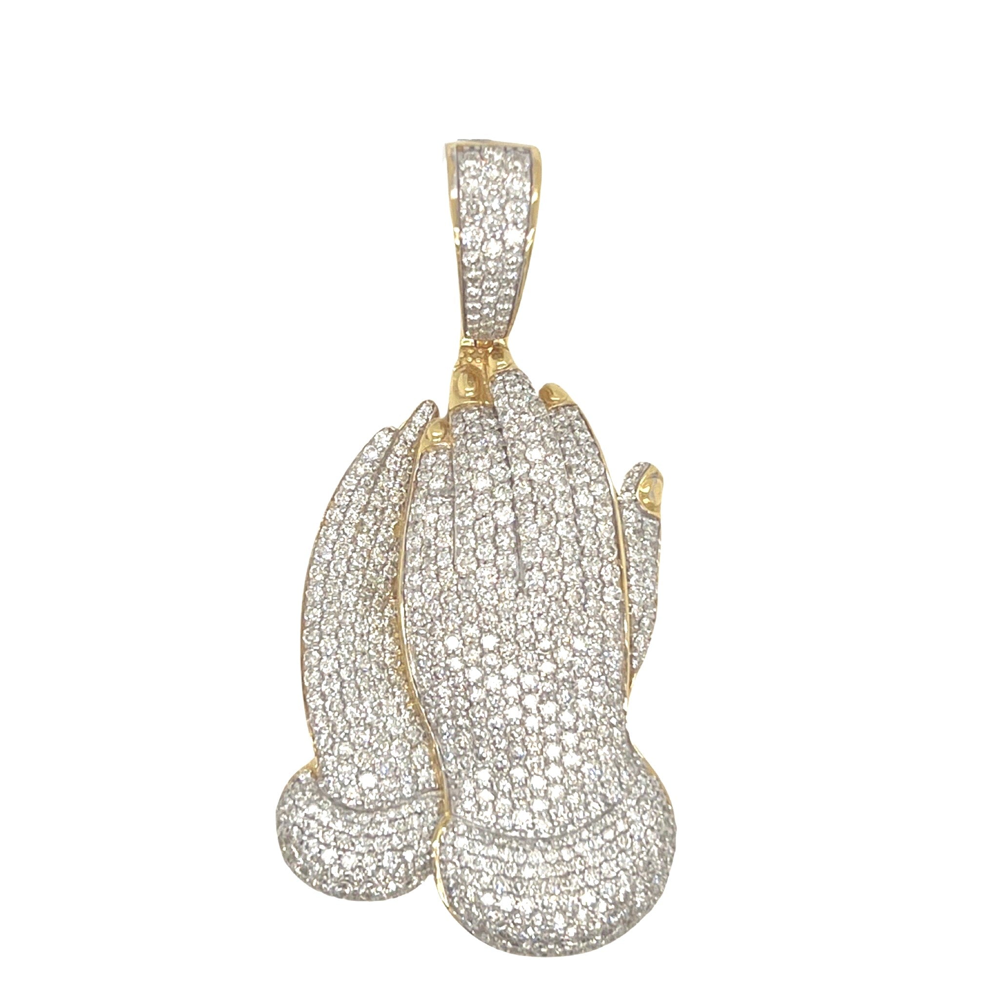 10K Yellow Gold Praying Hands VS Diamond Pendant 4.6 CT 2.15"