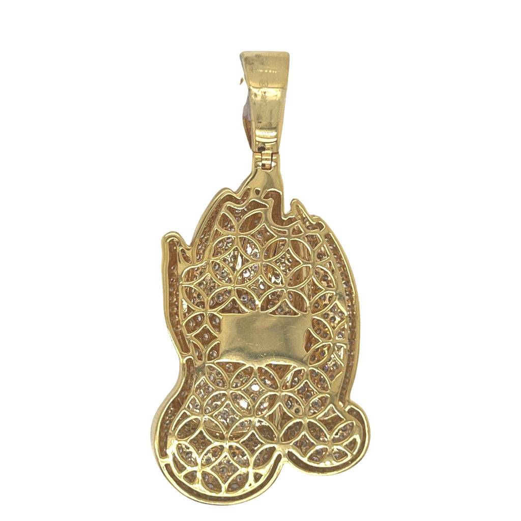 10K Yellow Gold Praying Hands VS Diamond Pendant 4.6 CT 2.15"