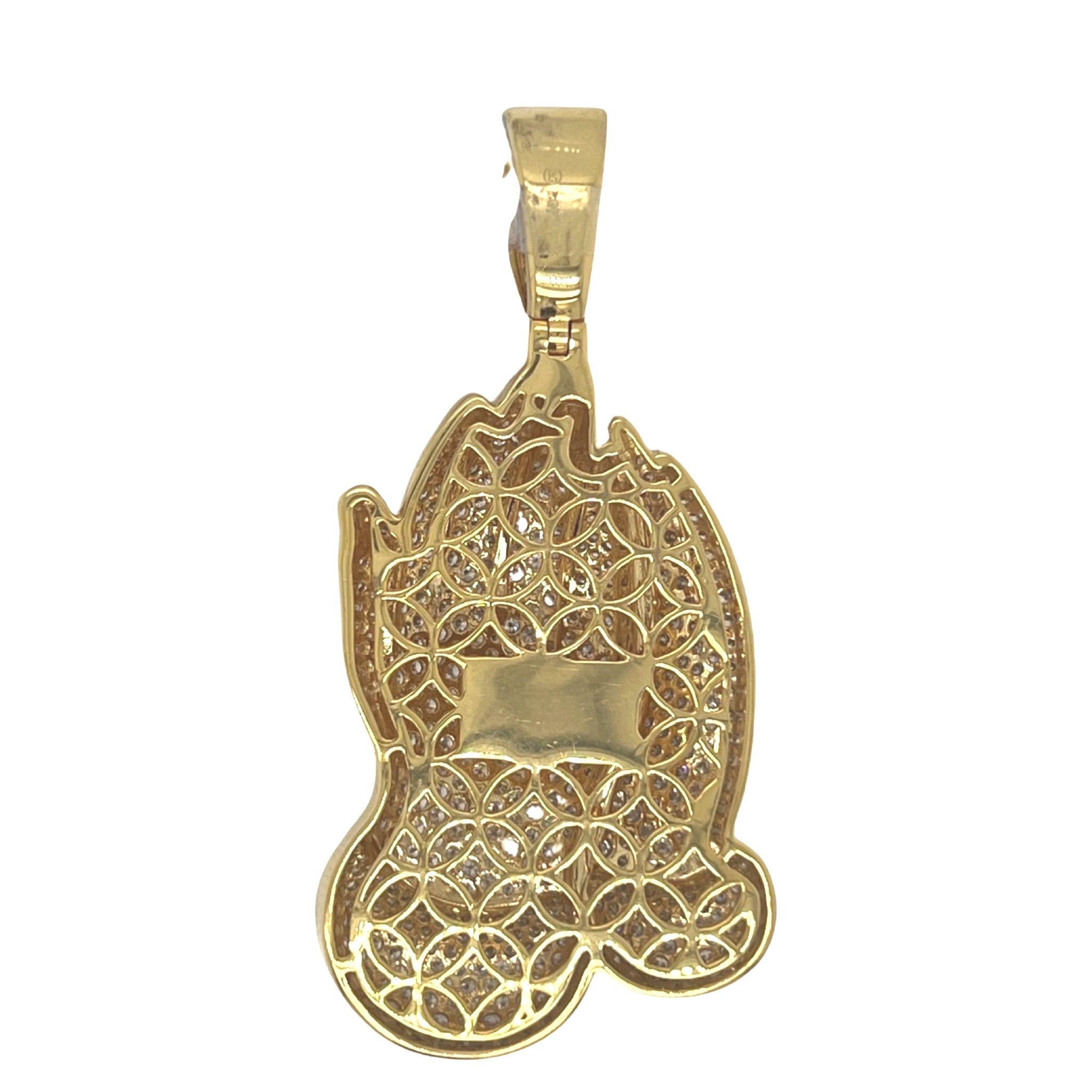 10K Yellow Gold Praying Hands VS Diamond Pendant 4.6 CT 2.15"