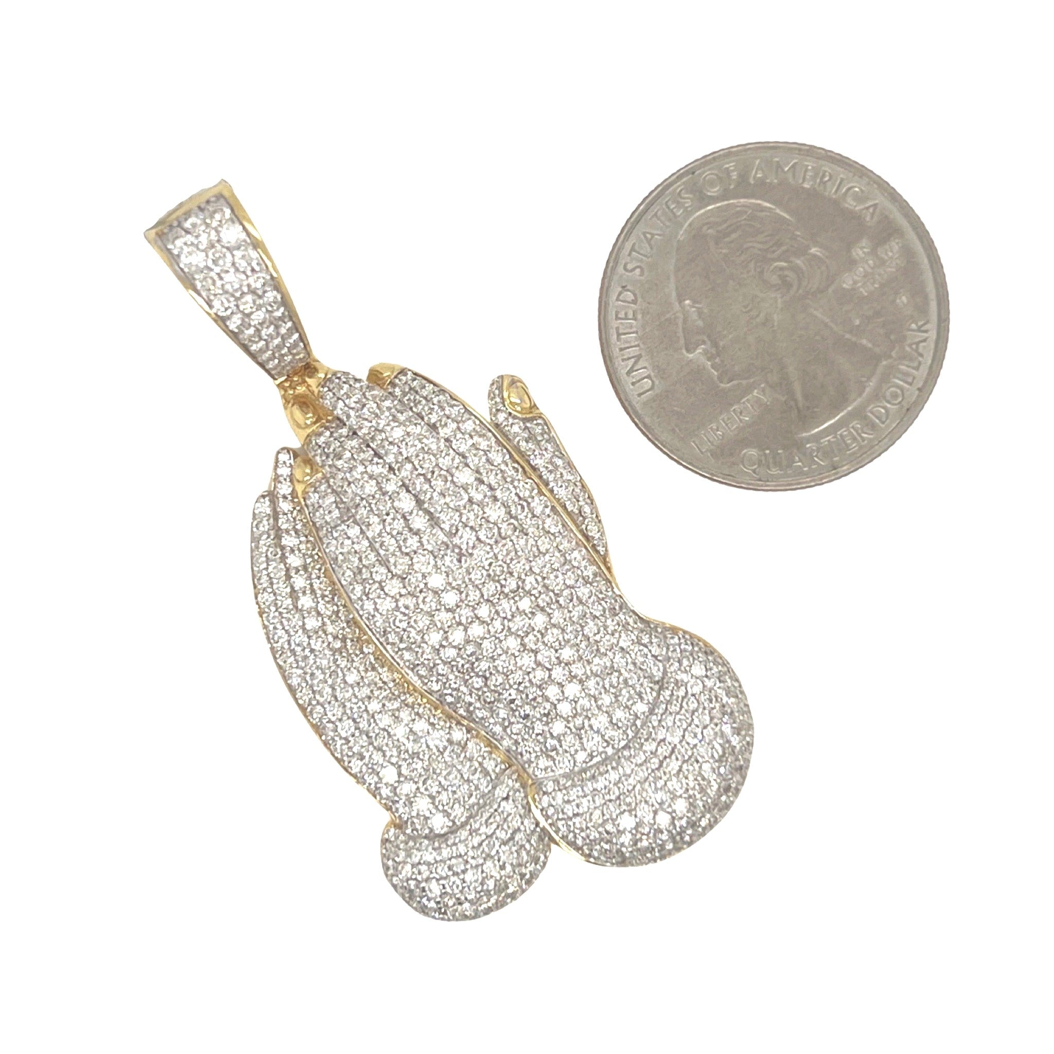 10K Yellow Gold Praying Hands VS Diamond Pendant 4.6 CT 2.15"