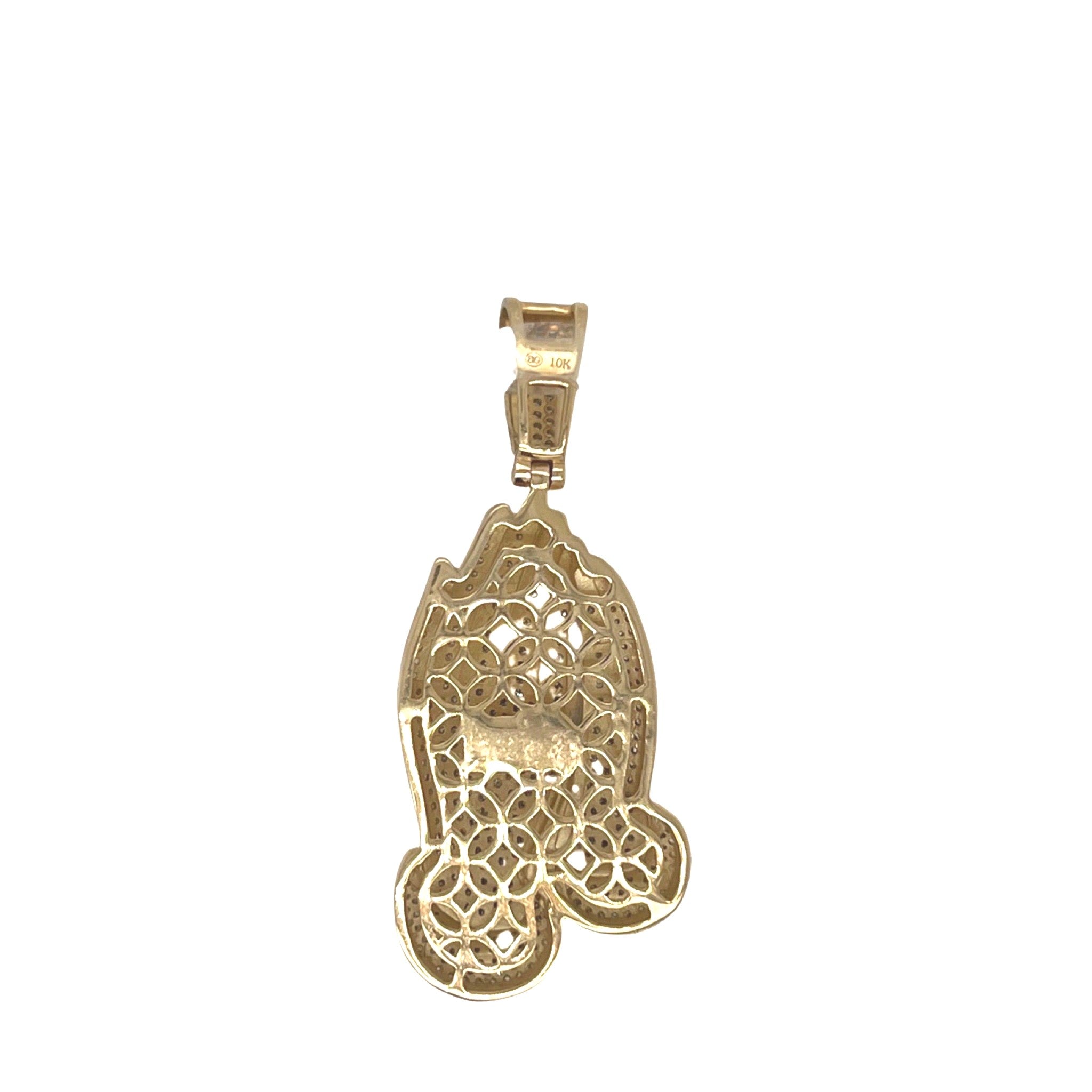 10K Yellow Gold Praying Hands Diamond Pendant 1.1 CT 1.8"