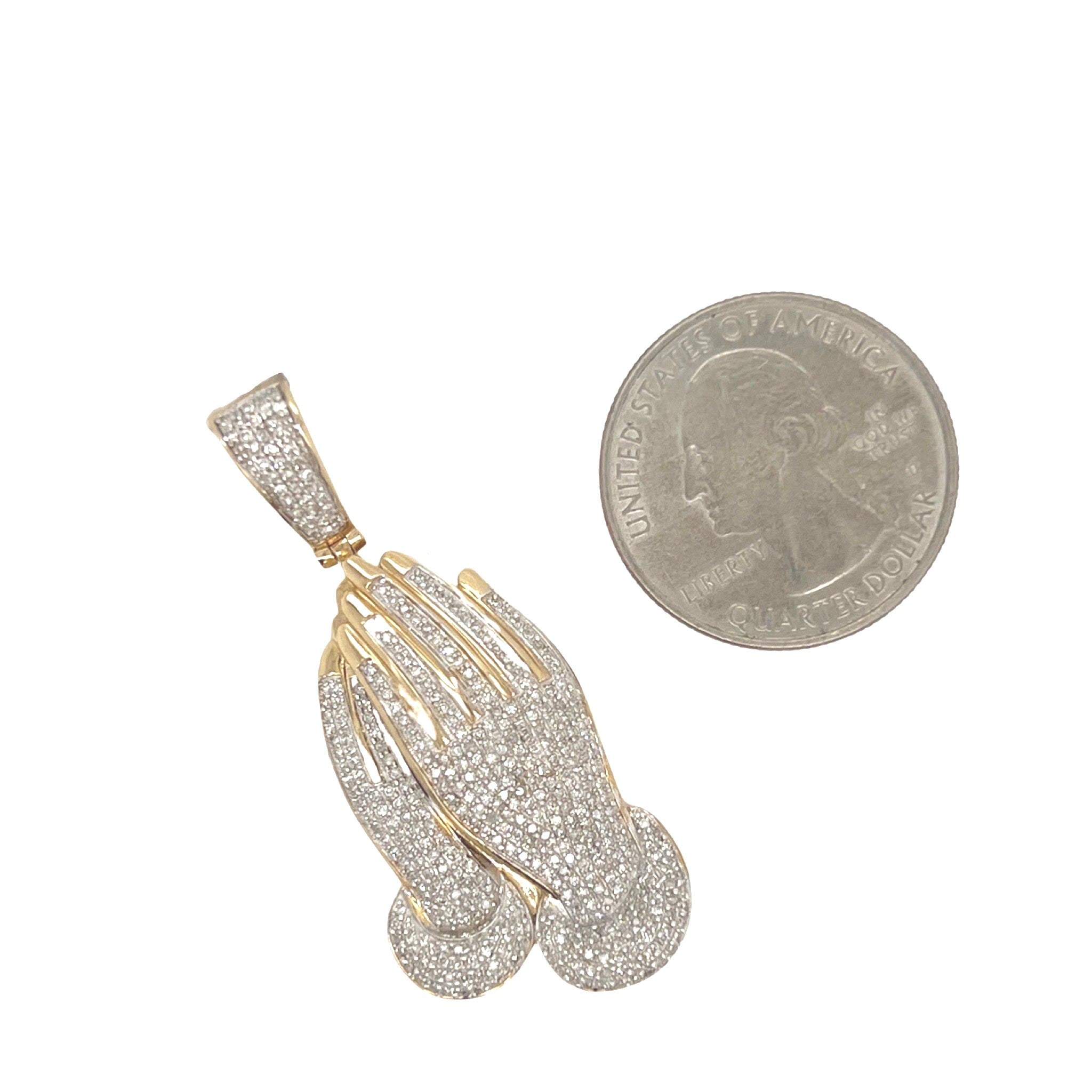 10K Yellow Gold Praying Hands Diamond Pendant 1.1 CT 1.8"