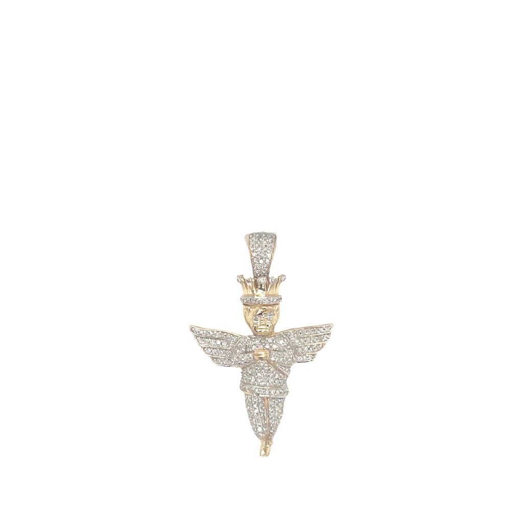 10K Yellow Gold Crown Angel Cherub Diamond Pendant 0.50 CT 1.3"
