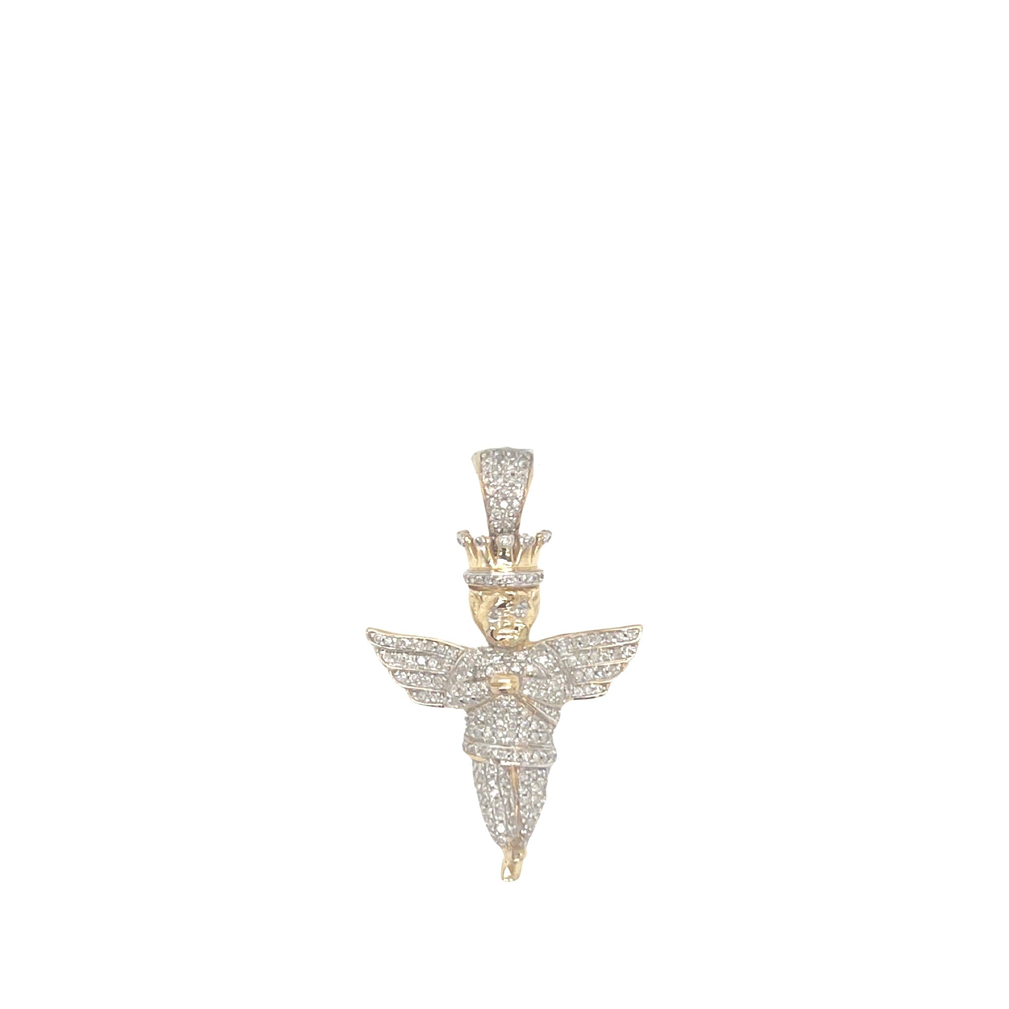 10K Yellow Gold Crown Angel Cherub Diamond Pendant 0.50 CT 1.3"