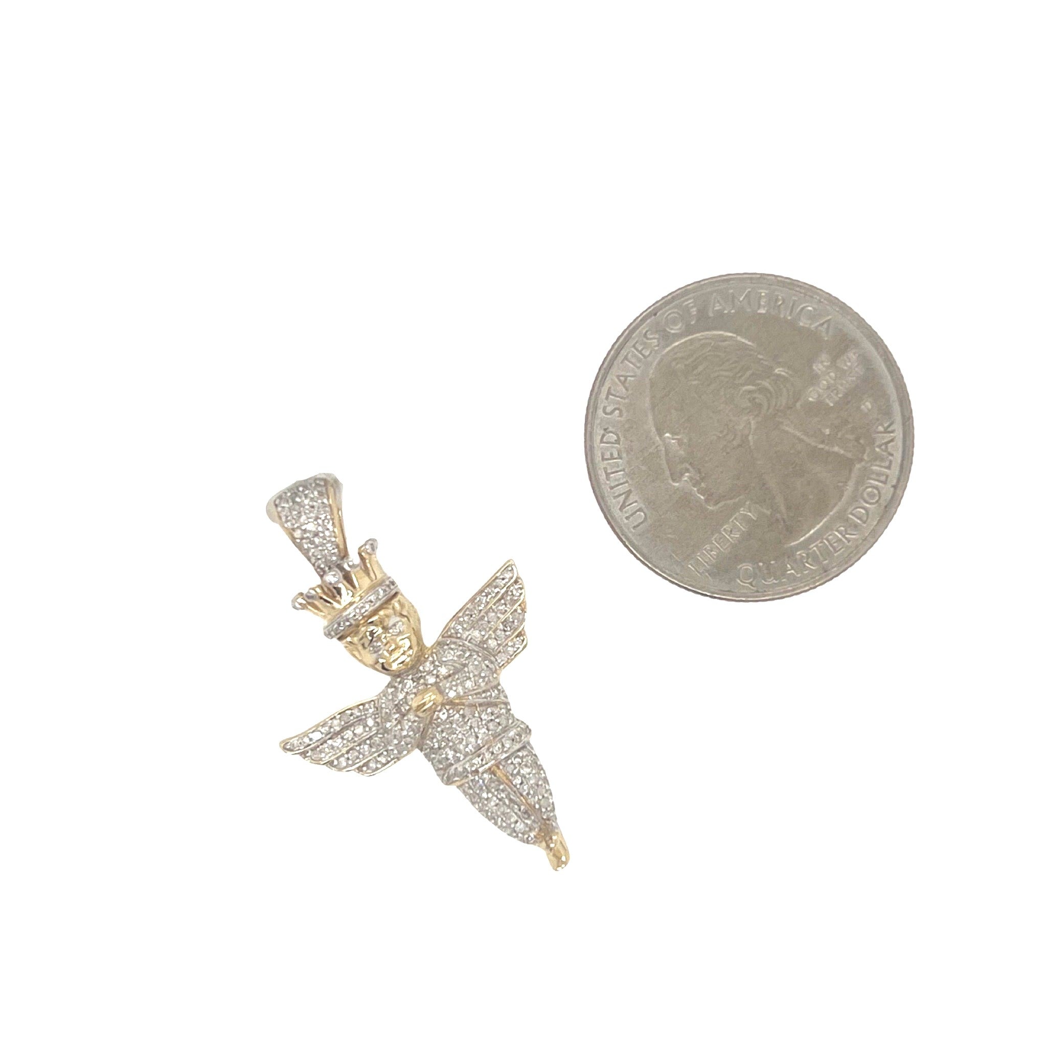 10K Yellow Gold Crown Angel Cherub Diamond Pendant 0.50 CT 1.3"