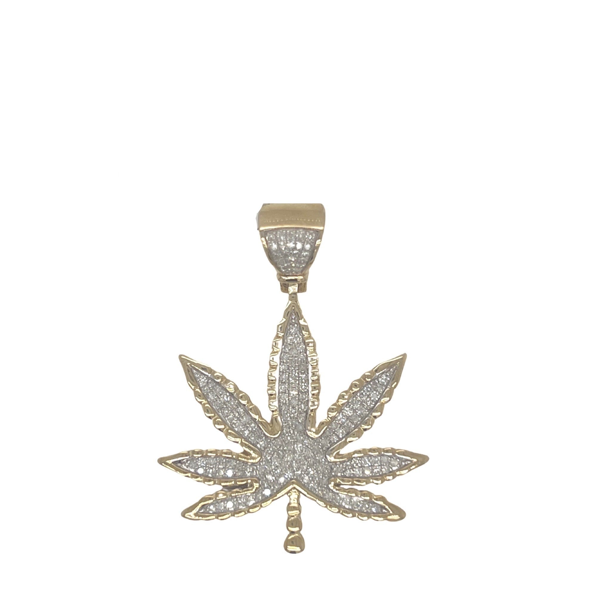 10K Yellow Gold Marijuana Leaf Diamond Pendant 0.62 CT 1.75"