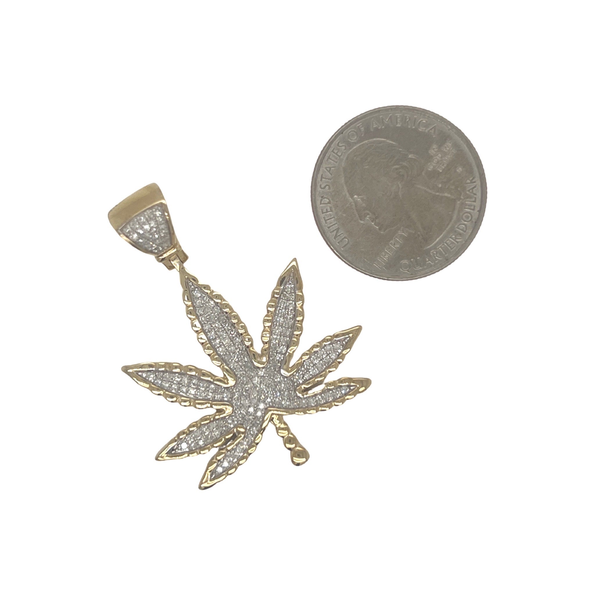 10K Yellow Gold Marijuana Leaf Diamond Pendant 0.62 CT 1.75"