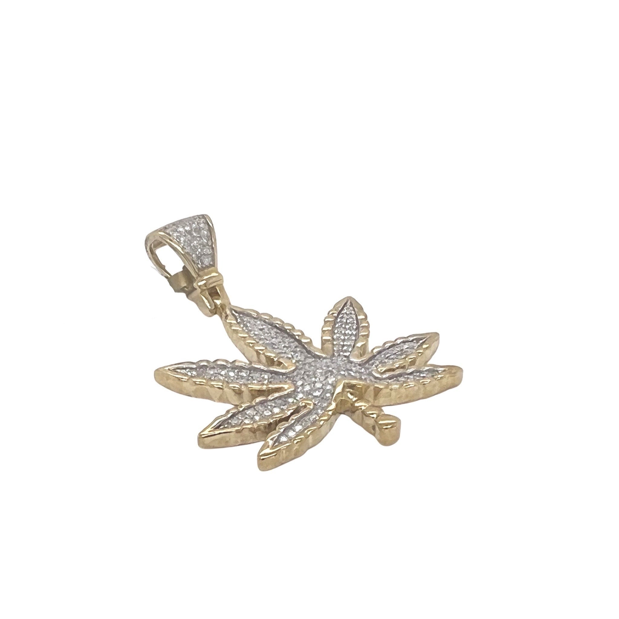 10K Yellow Gold Marijuana Leaf Diamond Pendant 0.62 CT 1.75"