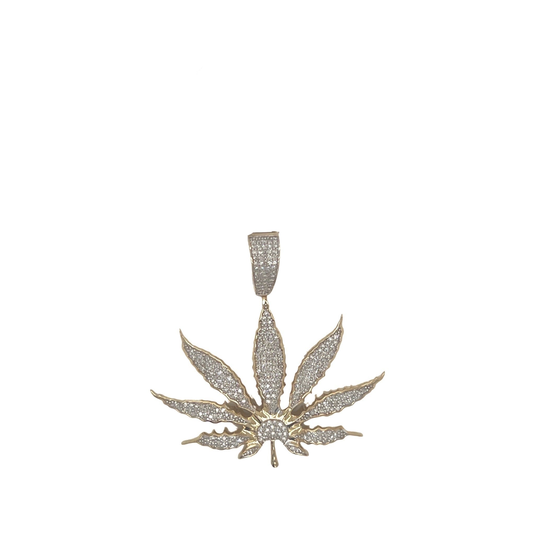 10K Yellow Gold Marijuana Leaf Diamond Pendant 0.55 CT 1.4"