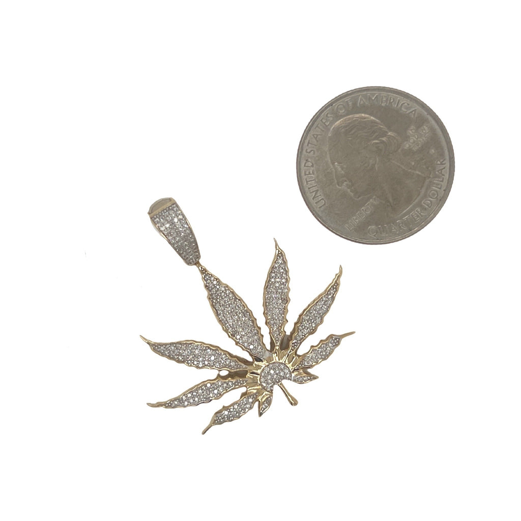 10K Yellow Gold Marijuana Leaf Diamond Pendant 0.55 CT 1.4"
