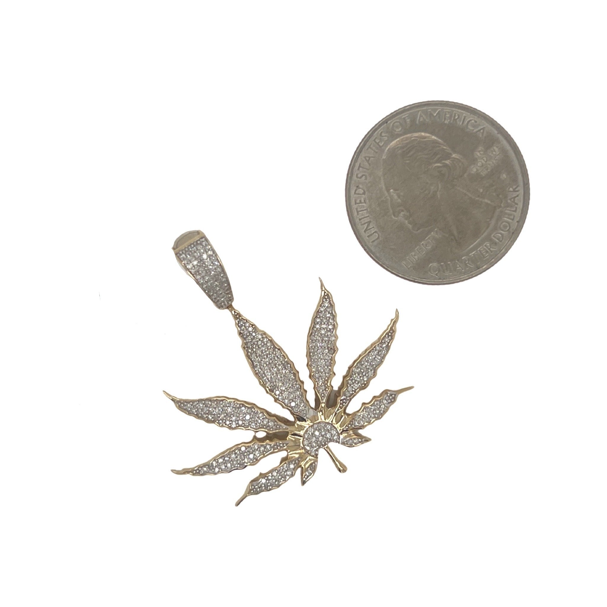 10K Yellow Gold Marijuana Leaf Diamond Pendant 0.55 CT 1.4"