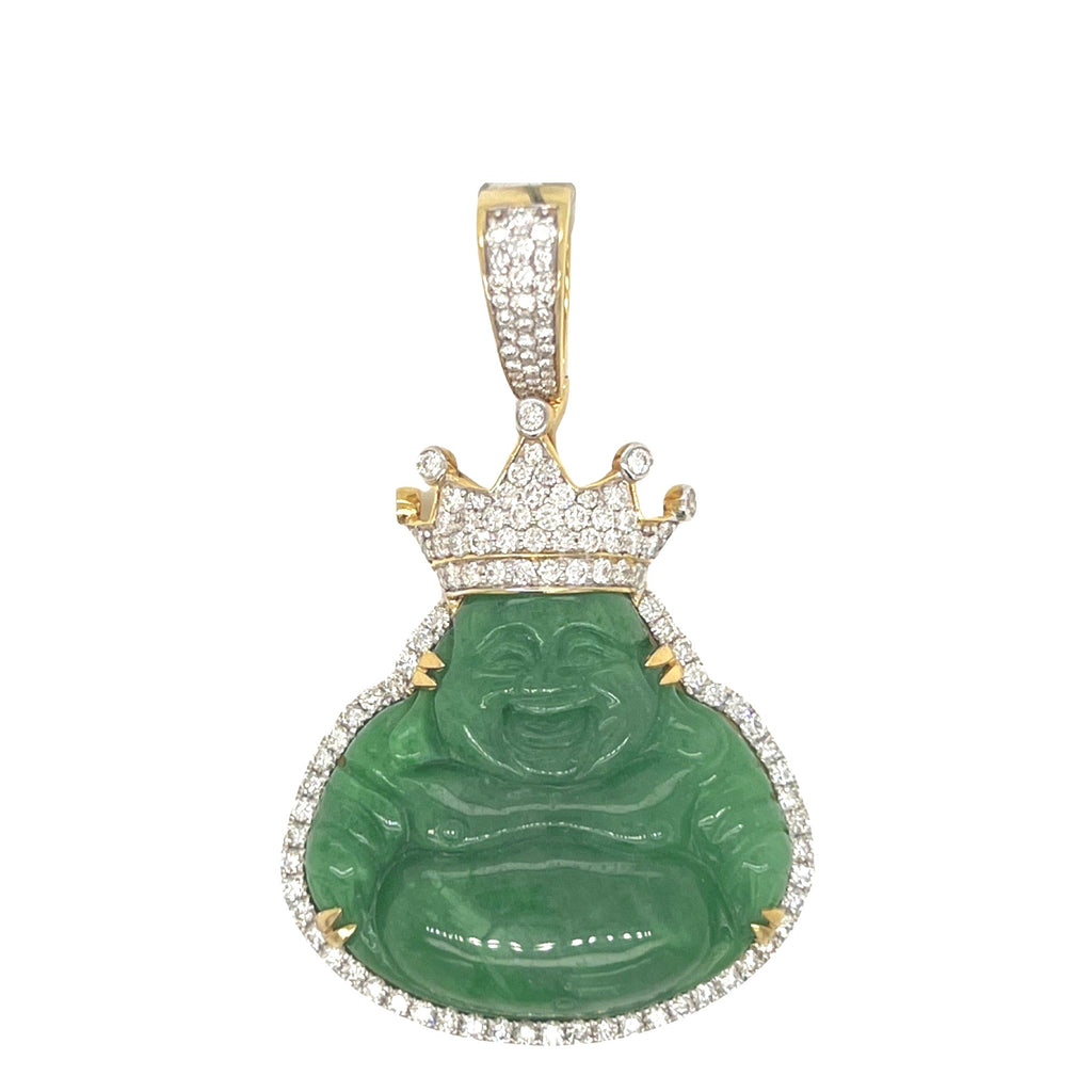 10K Yellow Gold Crown Laughing Buddha Diamond Pendant 1.65 CT 2.1"
