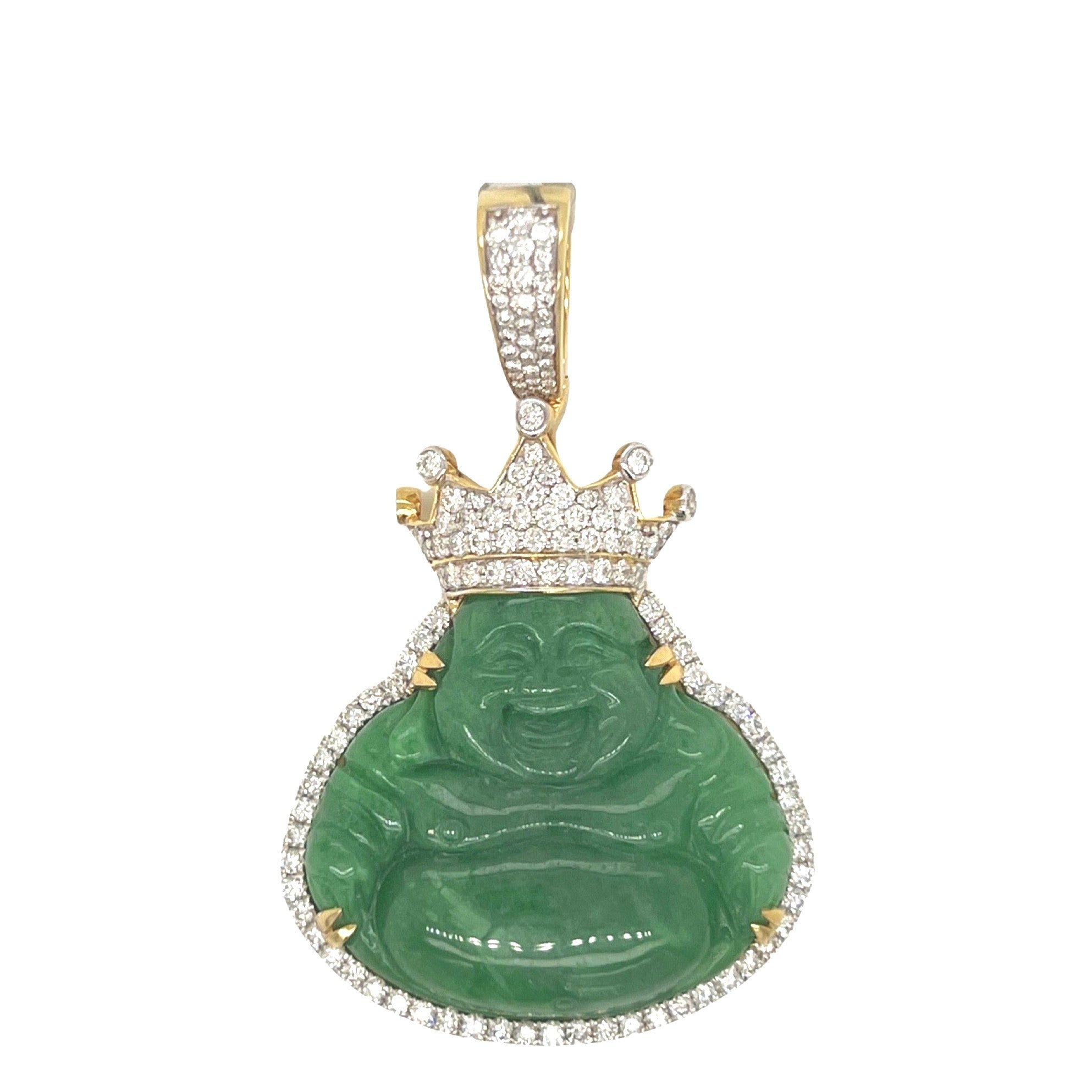 10K Yellow Gold Crown Laughing Buddha Diamond Pendant 1.65 CT 2.1"