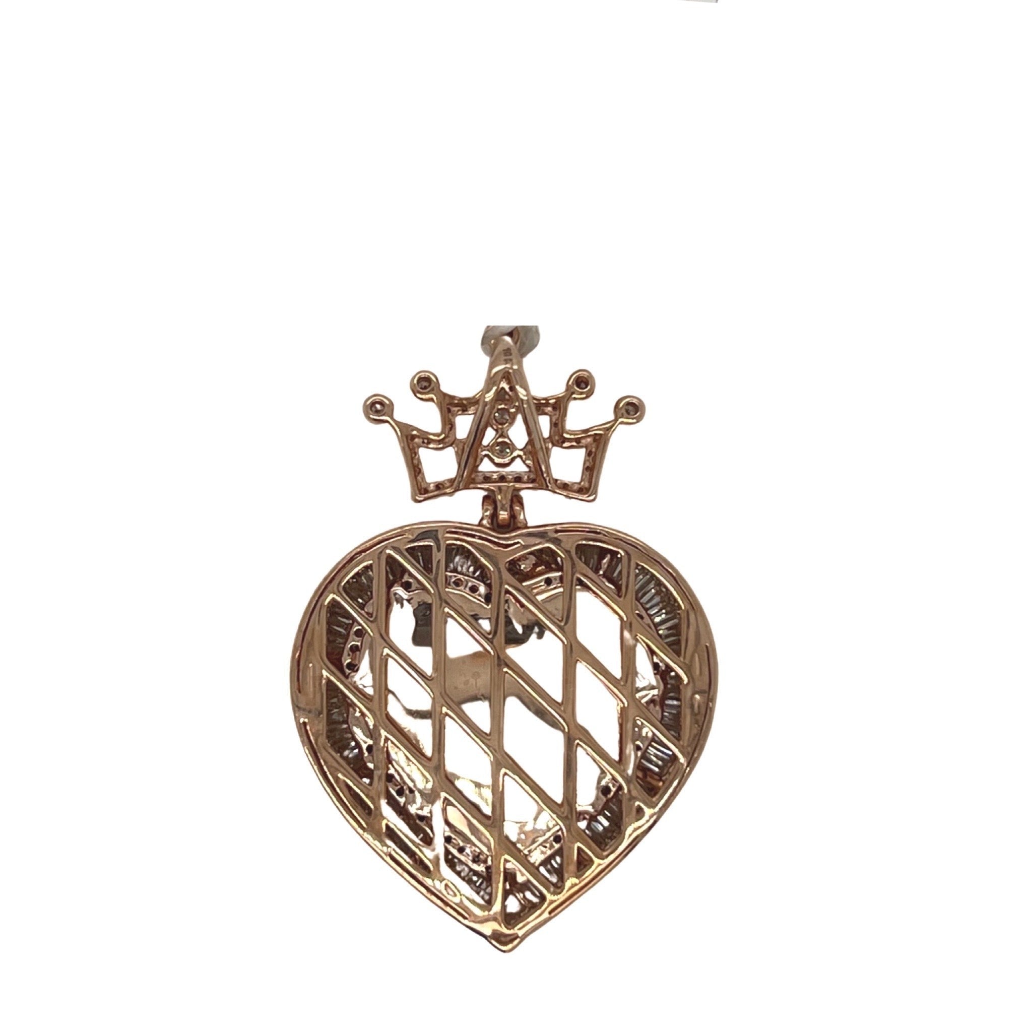 10K Rose Gold Crown Heart Memory Frame Diamond Pendant 2.04 CT 1.6"