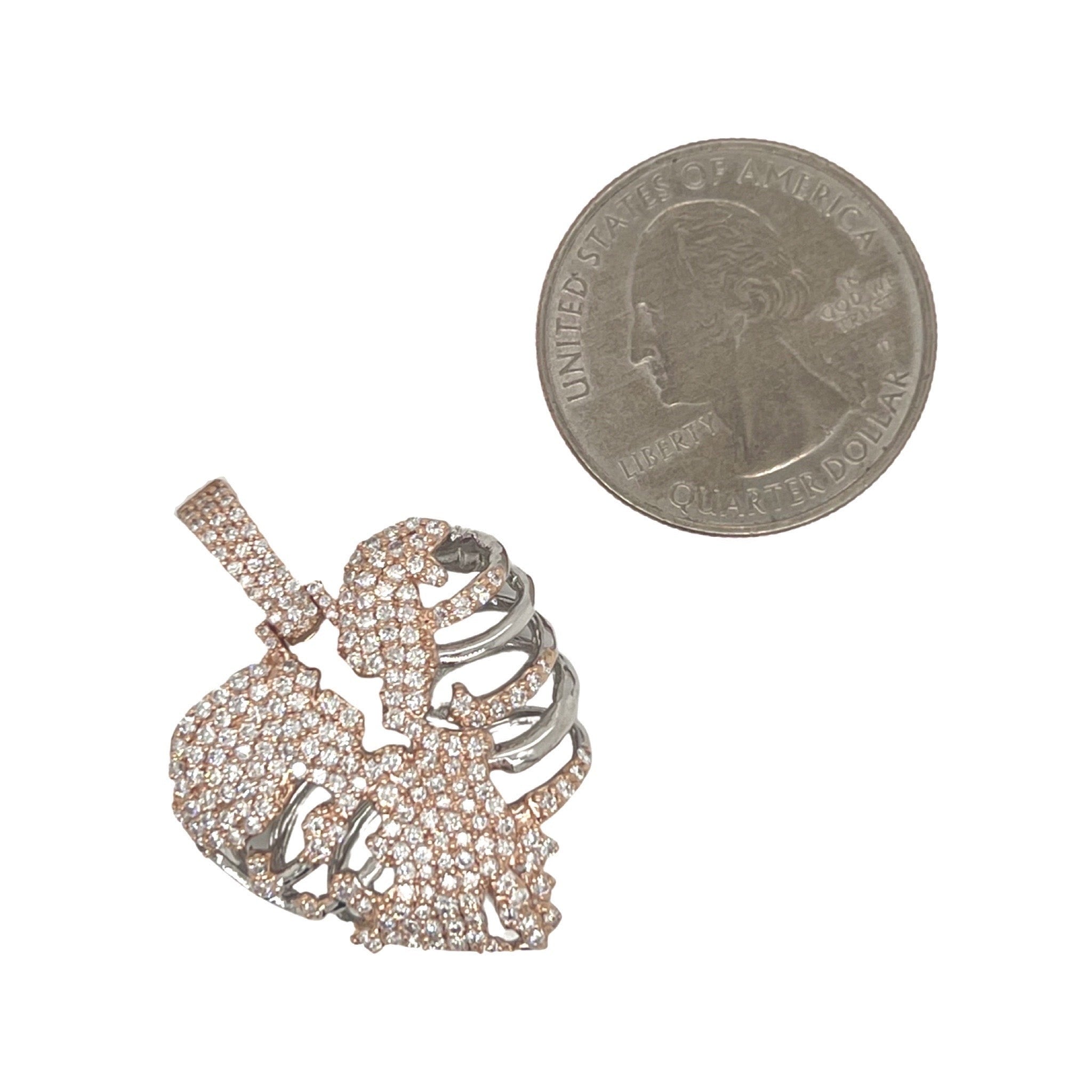 14K Two-Tone Gold Skeleton Broken Heart Diamond Pendant 1.29 CT 1.35"