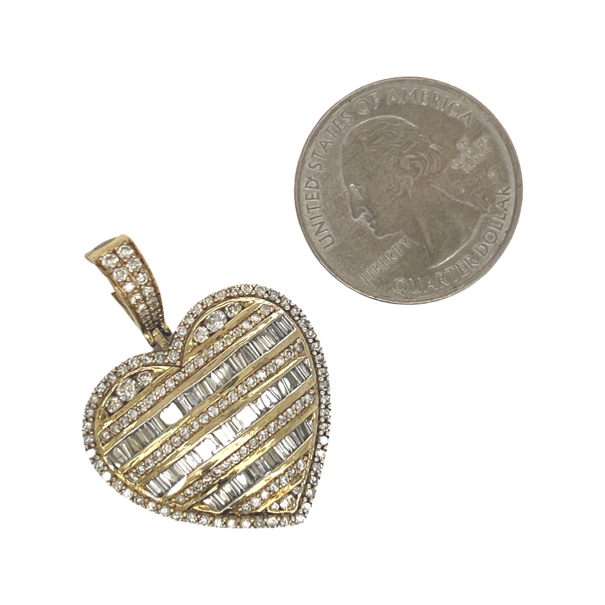 10K Yellow Gold Heart Baguette Diamond Pendant 2.18 CT 1.4"